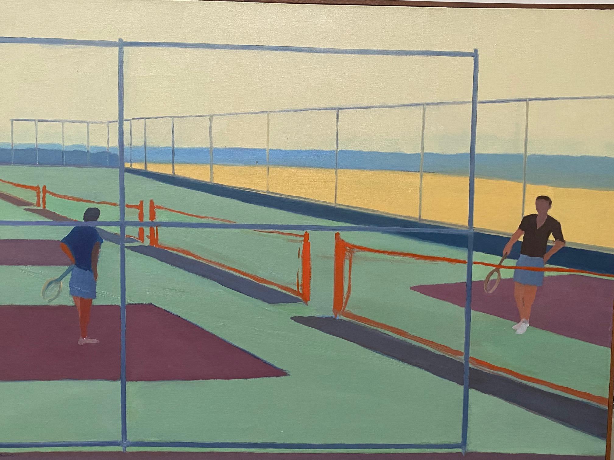 Stan Brodsky Landscape Painting - Hamptons Tennis 2 men playing Tennis, in the manner of Fairfield Porter