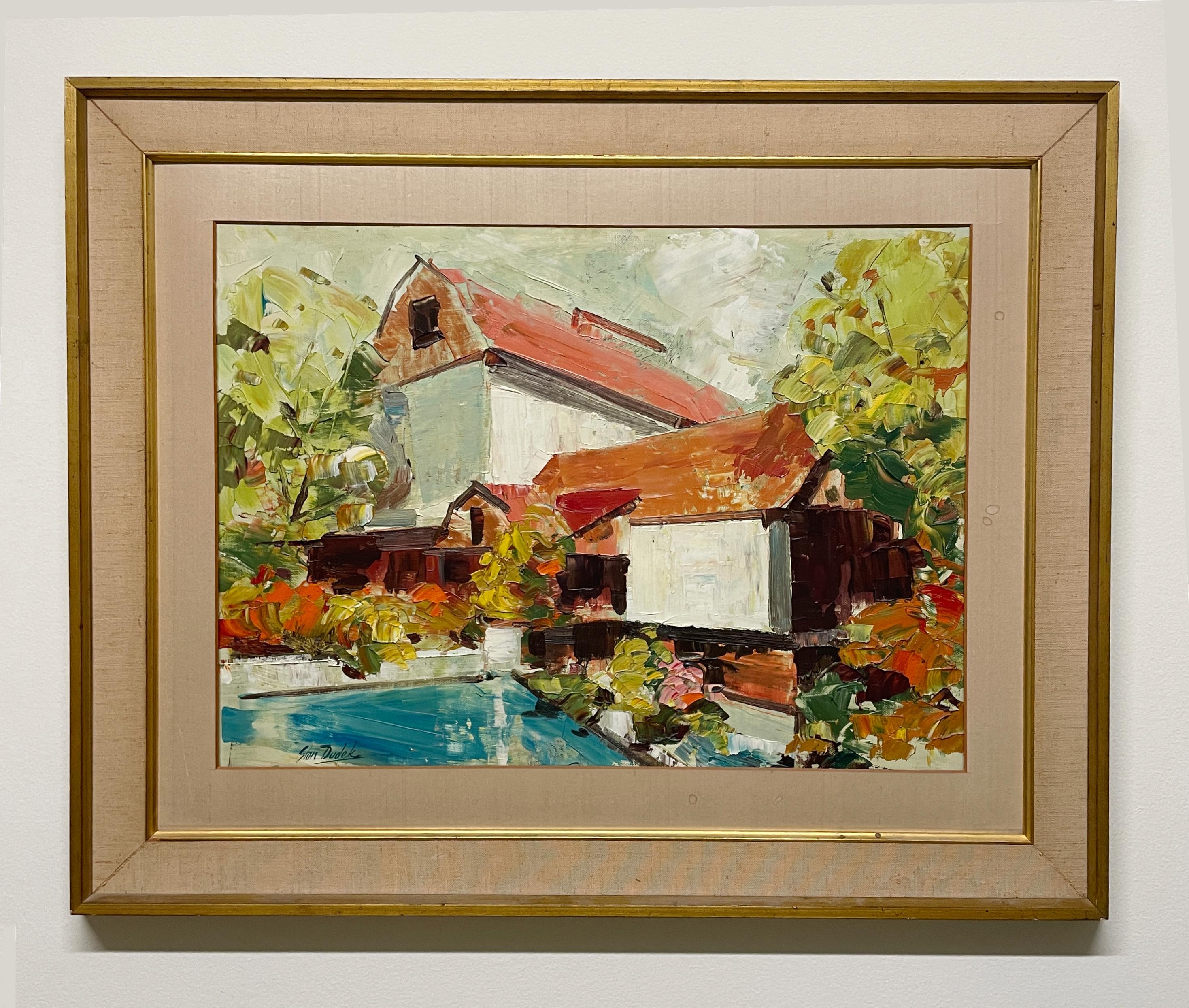 Pintura de mediados de siglo de una escena de granero rojo y molino del artista de Illinois Stan Dudek en venta 1