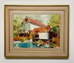 Mid-Century Painting of a Red Barn & Mill Scene by Illinois Artist Stan Dudek