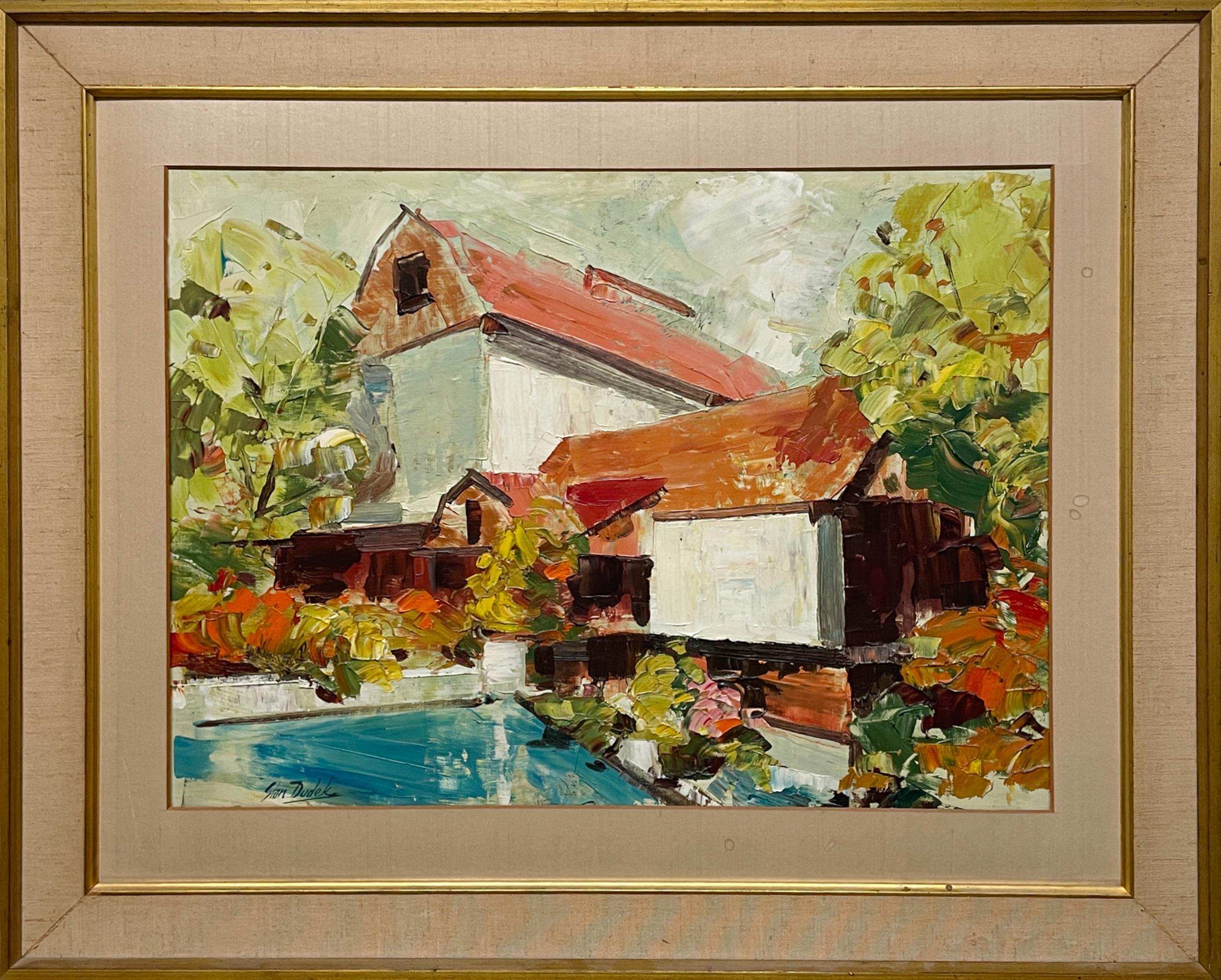 Pintura de mediados de siglo de una escena de granero rojo y molino del artista de Illinois Stan Dudek en venta 2