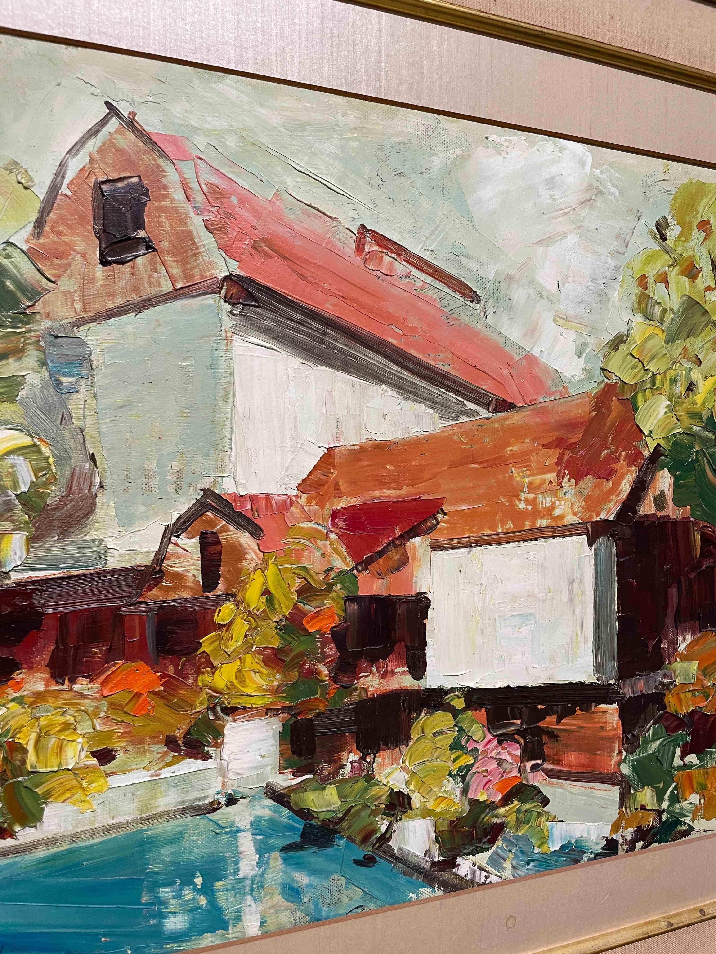 Pintura de mediados de siglo de una escena de granero rojo y molino del artista de Illinois Stan Dudek en venta 3