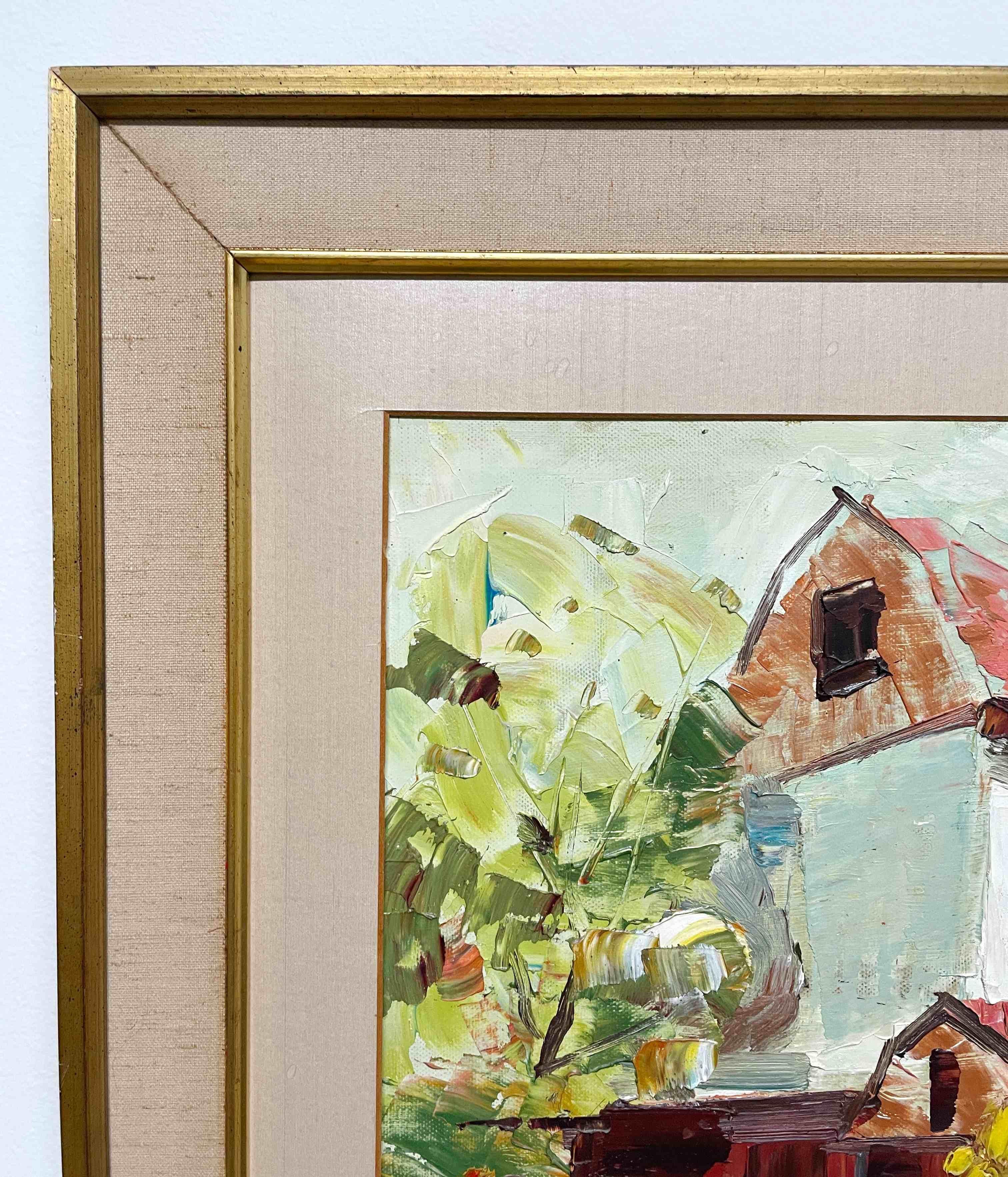 Pintura de mediados de siglo de una escena de granero rojo y molino del artista de Illinois Stan Dudek en venta 4