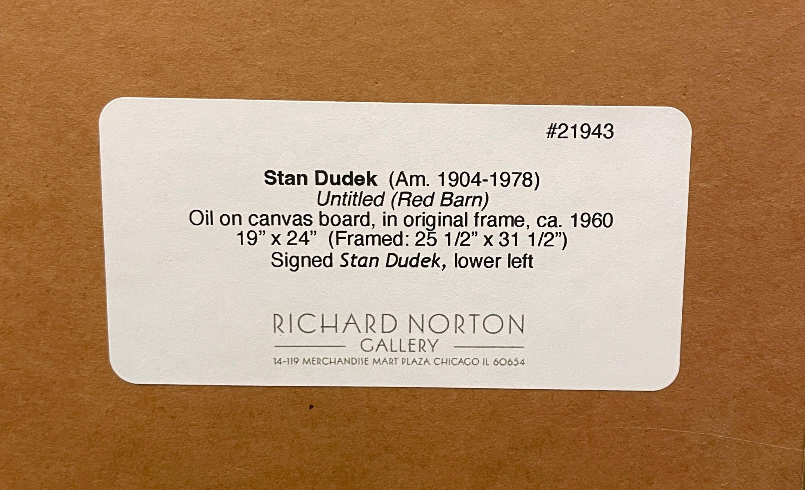 Pintura de mediados de siglo de una escena de granero rojo y molino del artista de Illinois Stan Dudek en venta 5