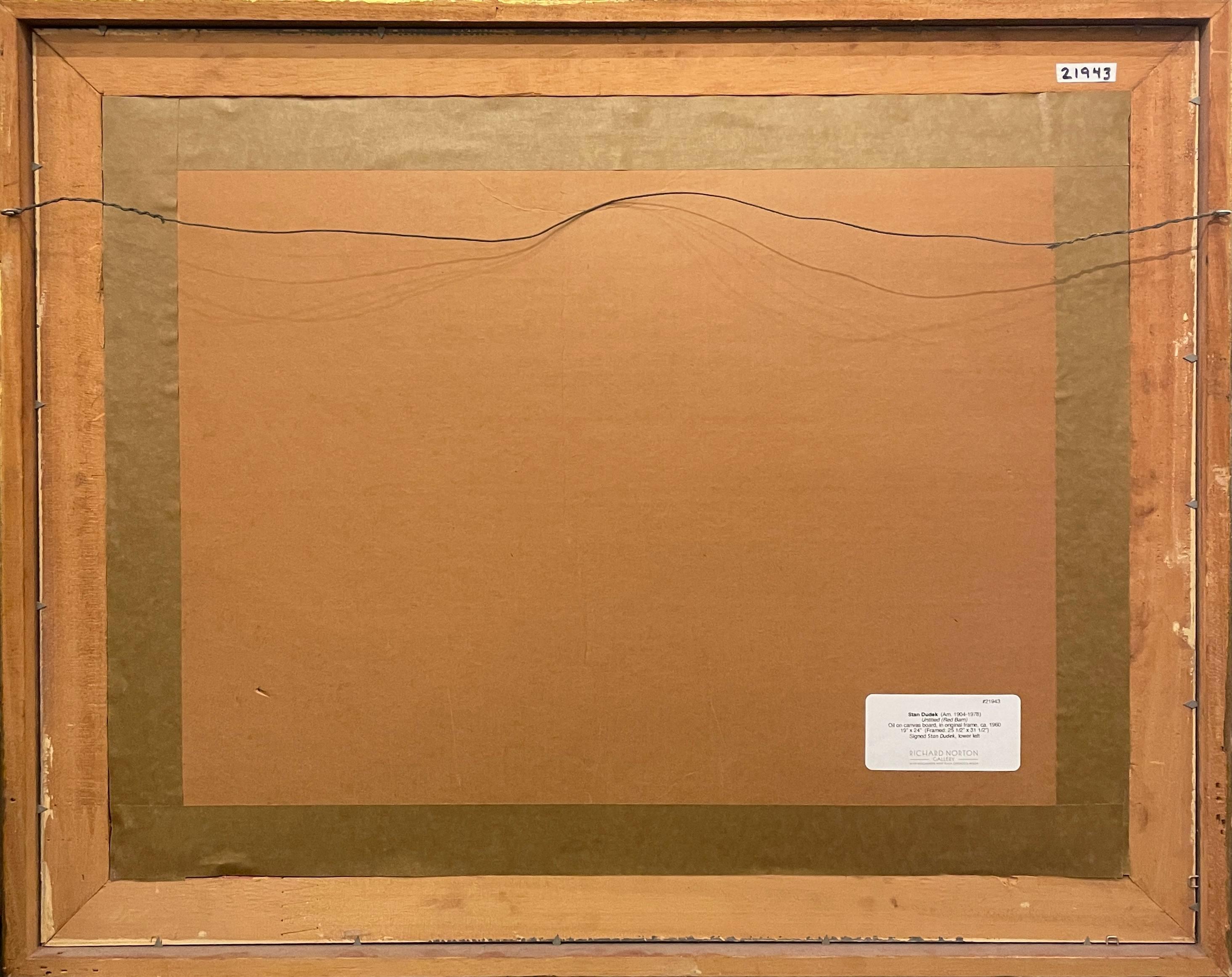 Pintura de mediados de siglo de una escena de granero rojo y molino del artista de Illinois Stan Dudek en venta 6