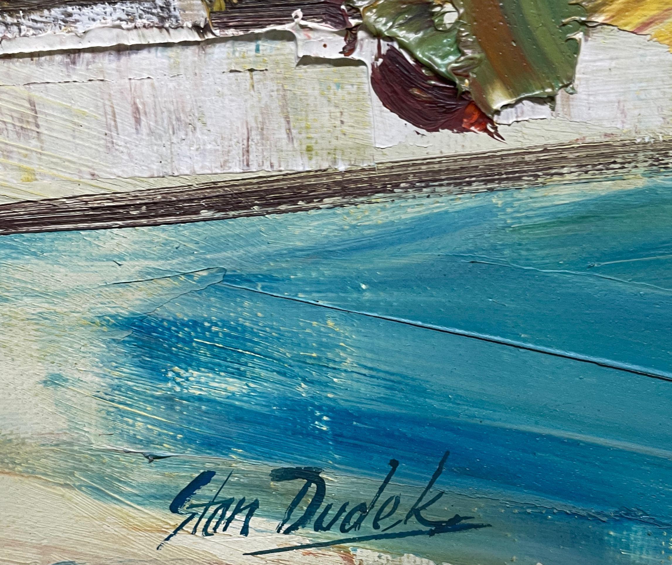 Pintura de mediados de siglo de una escena de granero rojo y molino del artista de Illinois Stan Dudek en venta 7