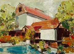Mid-Century Painting of a Red Barn & Mill Scene by Illinois Artist Stan Dudek