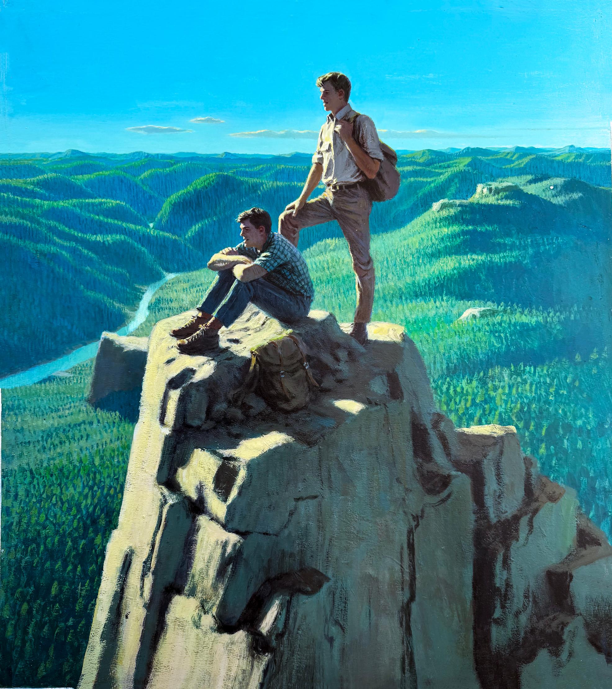 Stan Galli Landscape Painting - Above It All Two Young Men on Mountain Top - Martin Luther King Issue