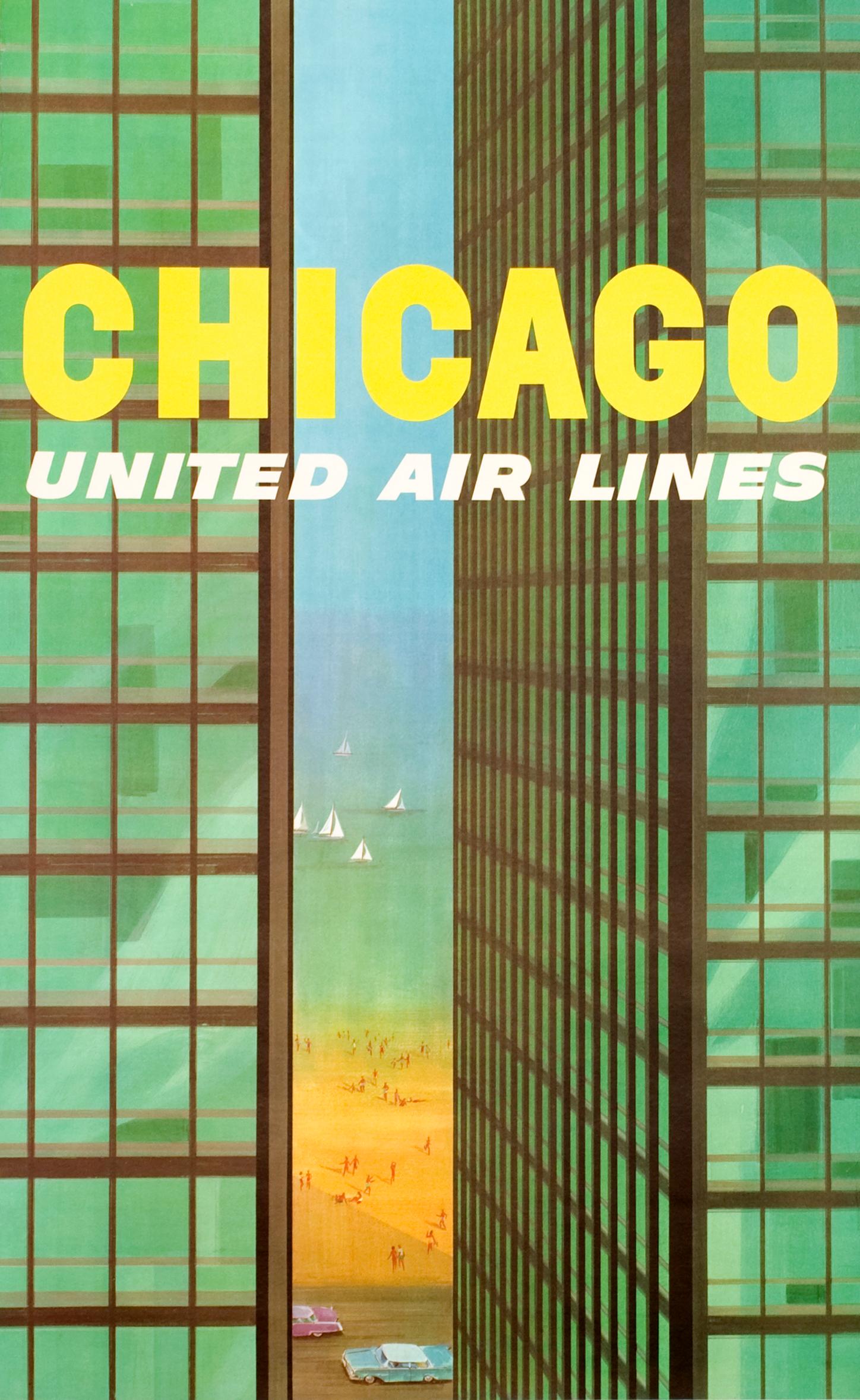 "Chicago - United Air Lines (Mies Building)" Original Vintage Travel Poster - Print by Stan Galli