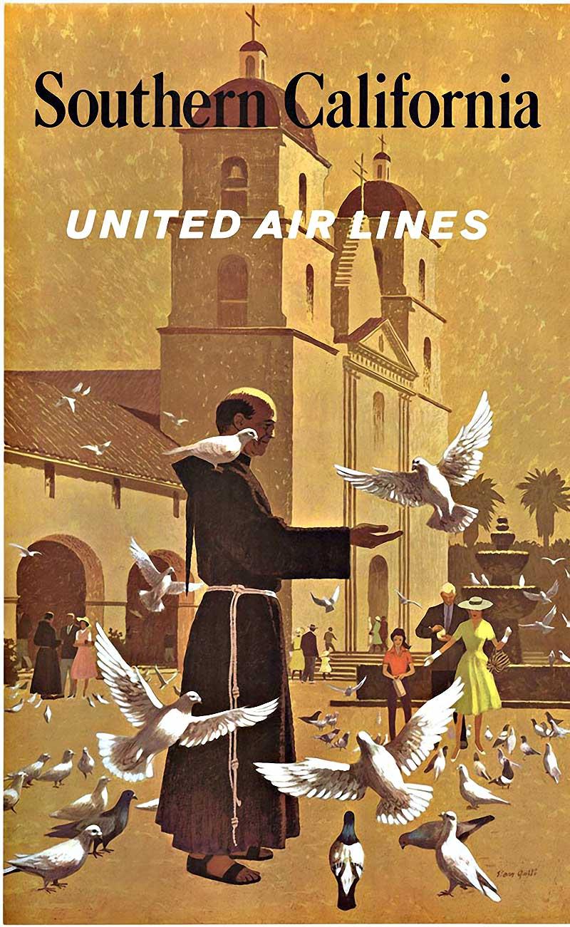 Stan Galli Landscape Print - Original Southern California United Airlines vintage travel poster