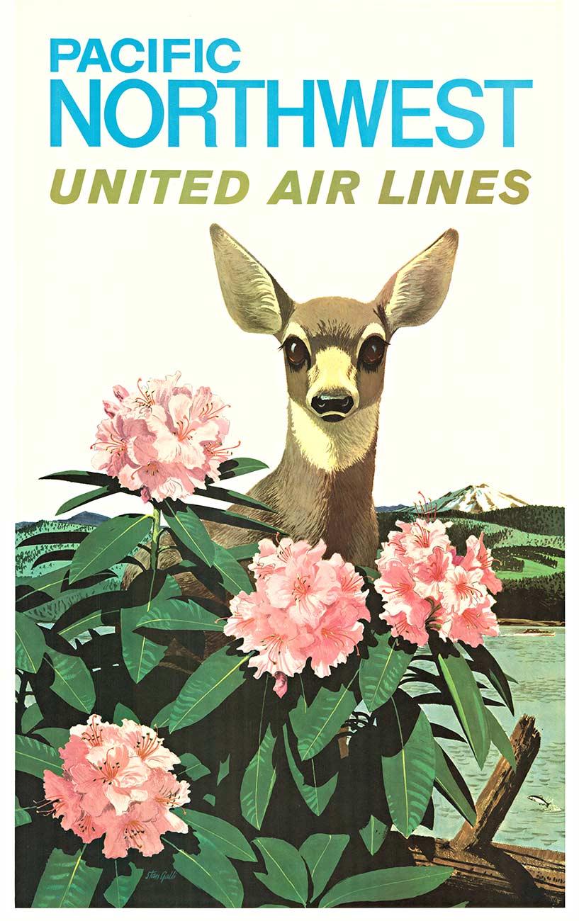 Poster d'epoca originale di Stan Galli "Pacific Northwest" United Air Lines