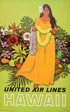 Original Vintage Travel Poster Hawaii United Airlines Lei Flower Garland Design