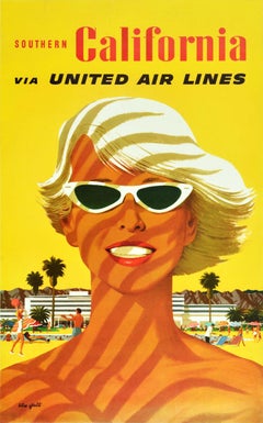 Original Vintage Travel Poster Southern California United Air Lines Mid-Century