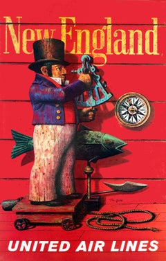 "United Air Lines - New England" Original Vintage Travel Poster
