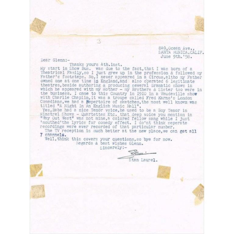 American Stan Laurel Vintage 1958 Autographed Typed Letter For Sale