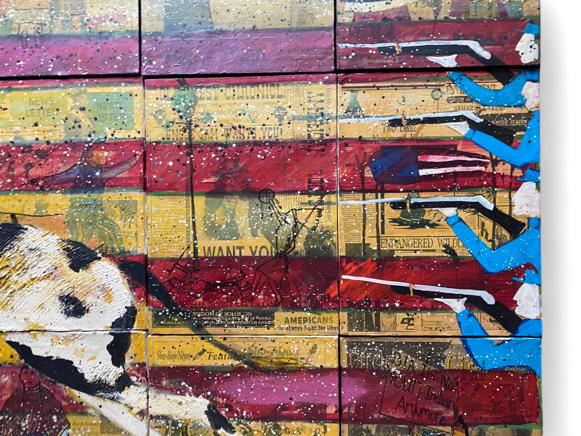 Stan Natchez (Shoshone/Paiute, né en 1954)
Collage en dix-huit parties d'un personnage à cheval
Technique mixte sur toile
Non signé
276cm x 184cm, chaque panneau 61cm x 46cm (18)

Provenance :
Propriété d'une Collectional privée, Berkshire
Acquis à