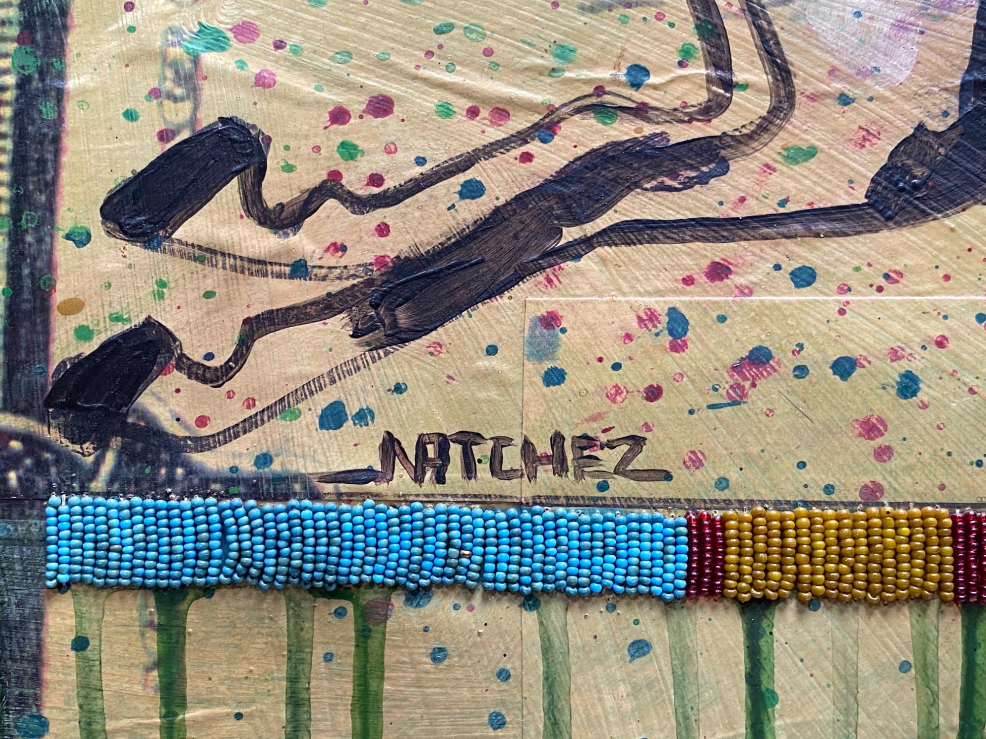 Stan Natchez (Schoschone/Paiute, geb. 1954)
Pferde und Navajos auf einer 5-Dollar-Note
Mischtechnik auf Leinwand (vom Keilrahmen abgenommen)
Unterzeichnet
236cm x 111cm

Provenienz:
Eigentum aus einer privaten Collection, Berkshire
Sie stammt aus