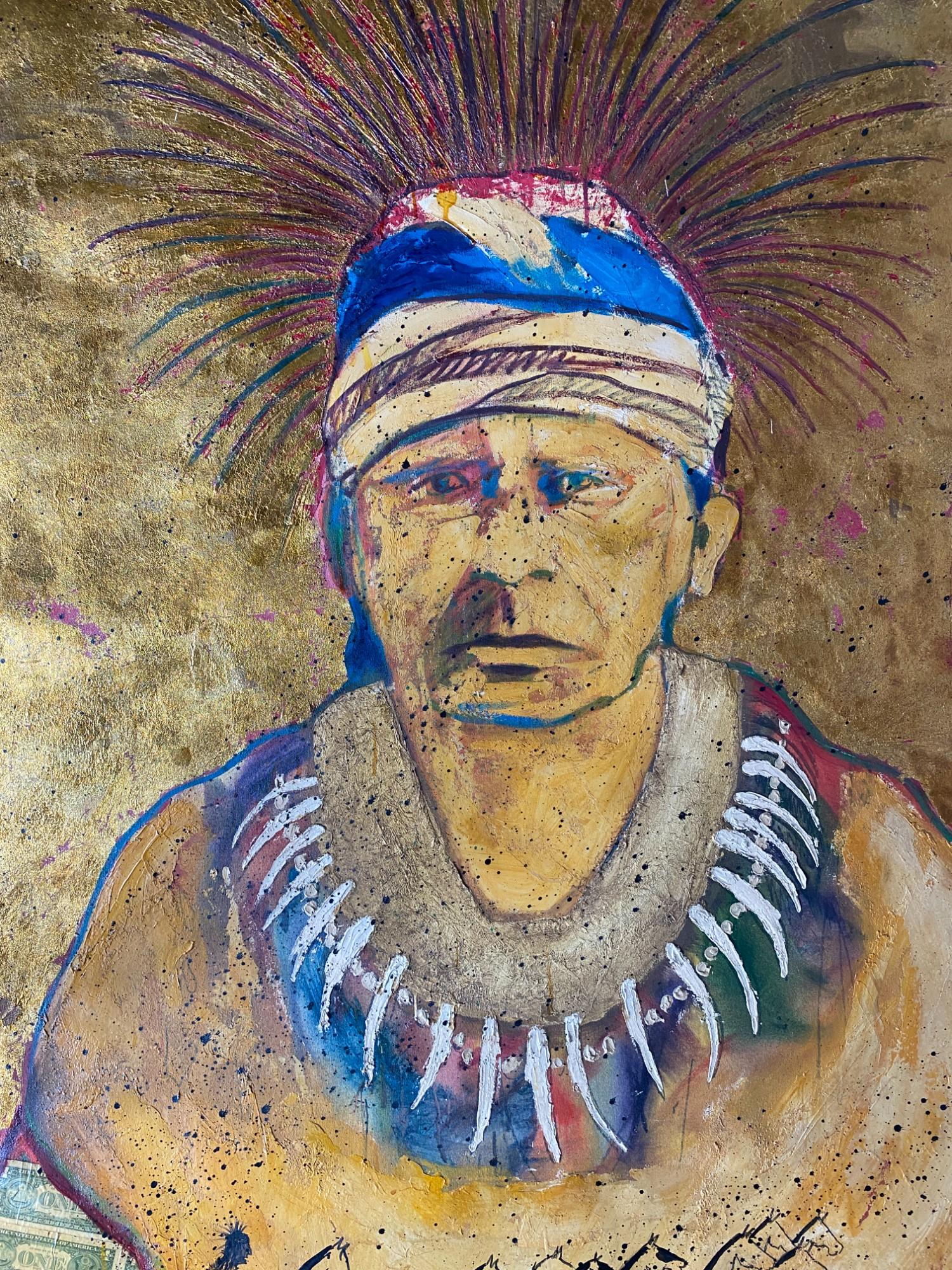 Stan Natchez (shoshone/paiute, nacido en 1954)
Navajo con tocado de oro que lleva una manta de un dólar
Técnica mixta sobre lienzo (separado del bastidor)
Firmado
186cm x 156cm

Procedencia:
Propiedad de una colección privada, Berkshire
Adquirido a