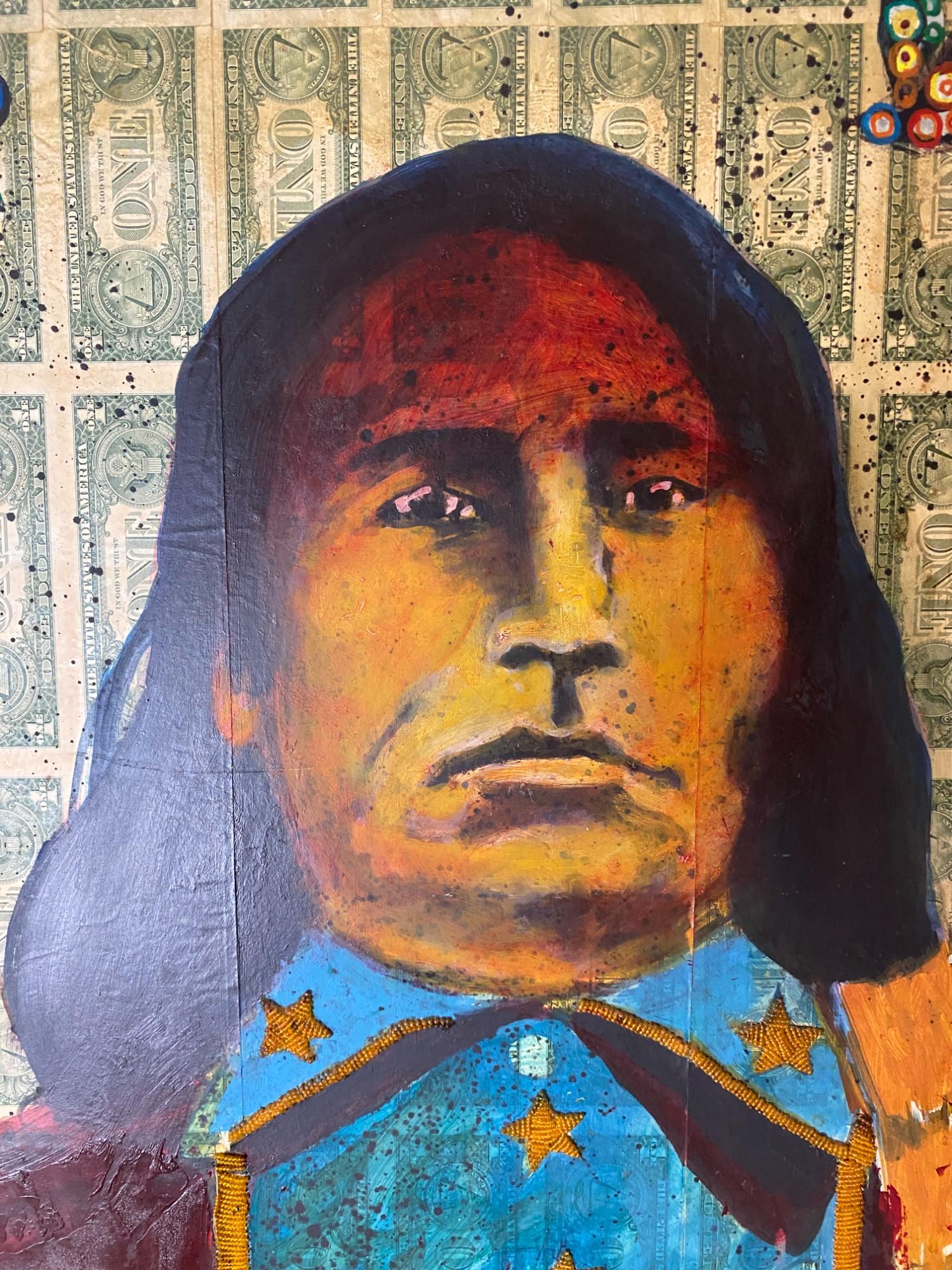 Stan Natchez (Schoschone/Paiute, geb. 1954)
Navajo mit Vögeln gegen Ein-Dollar-Scheine
Gemischte Medien auf Leinwand 
Unterzeichnet
153cm x 122cm

Provenienz:
Eigentum aus einer privaten Collection, Berkshire
Sie stammt aus einem