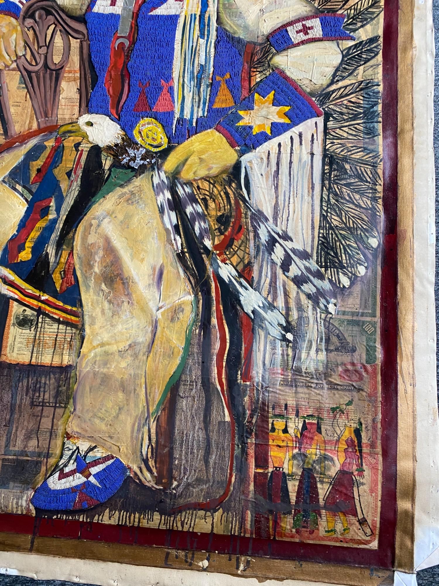 Stan Natchez (Shoshone/Paiute, nato nel 1954)
Navajo seduto contro titoli di stato
Tecnica mista su tela (staccata dal telaio)
Senza segno
212cm x 162cm

Provenienza:
Proprietà di una collezione privata, Berkshire
Acquisito da un progetto decorativo