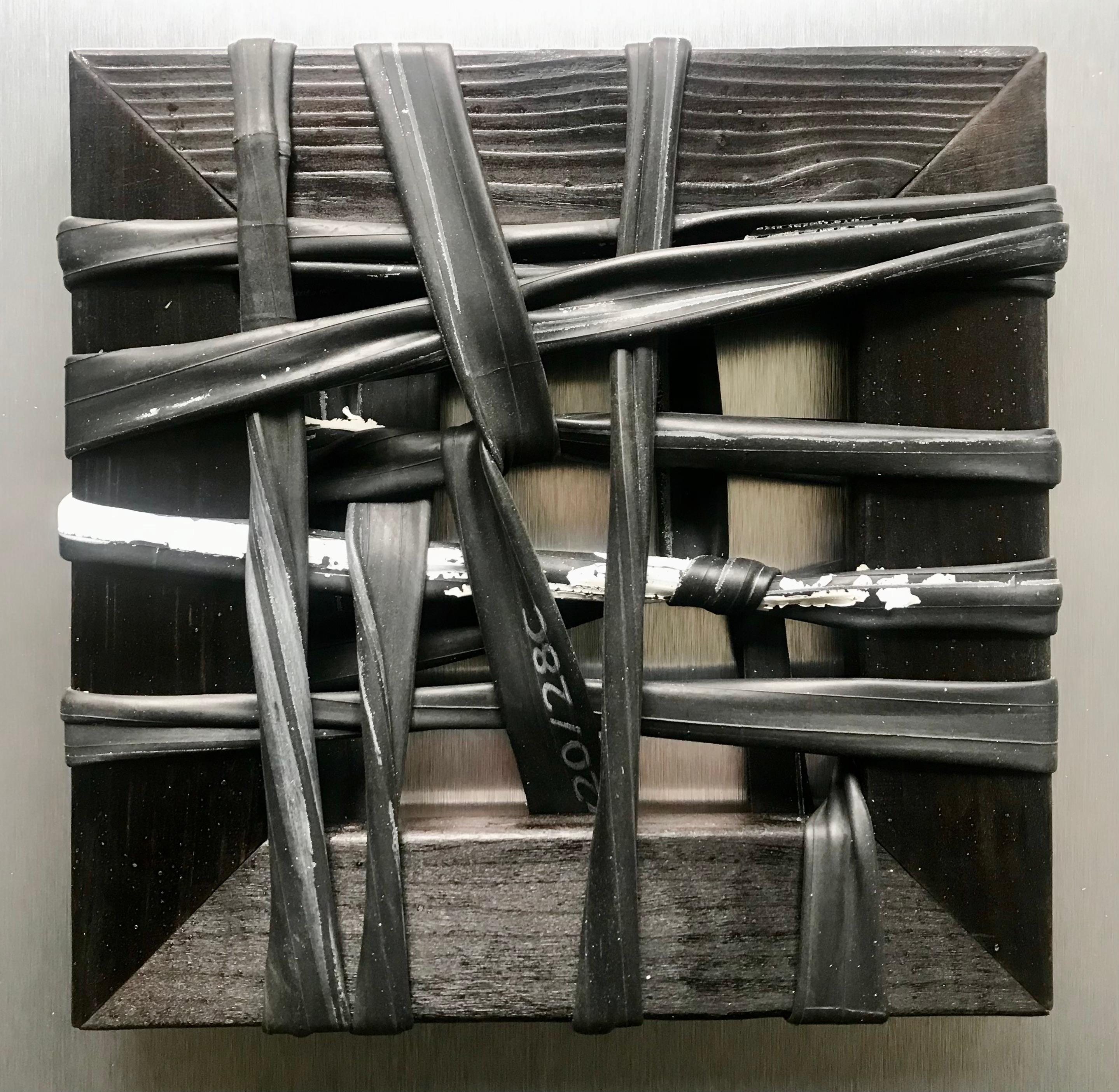 Stan Olthuis Abstract Painting - "Clue #4", abstract sculpture, wood, paint, rubber tubes, found objects