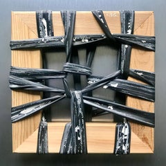 "Clue #8", abstract sculpture, wood, paint, rubber tubes, found objects