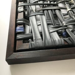 "It's Complicated", abstract sculpture, wood, paint, rubber knots, found objects