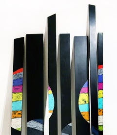 ""Village", sculpture abstraite, bois, géométrie, cercle, carré, variable