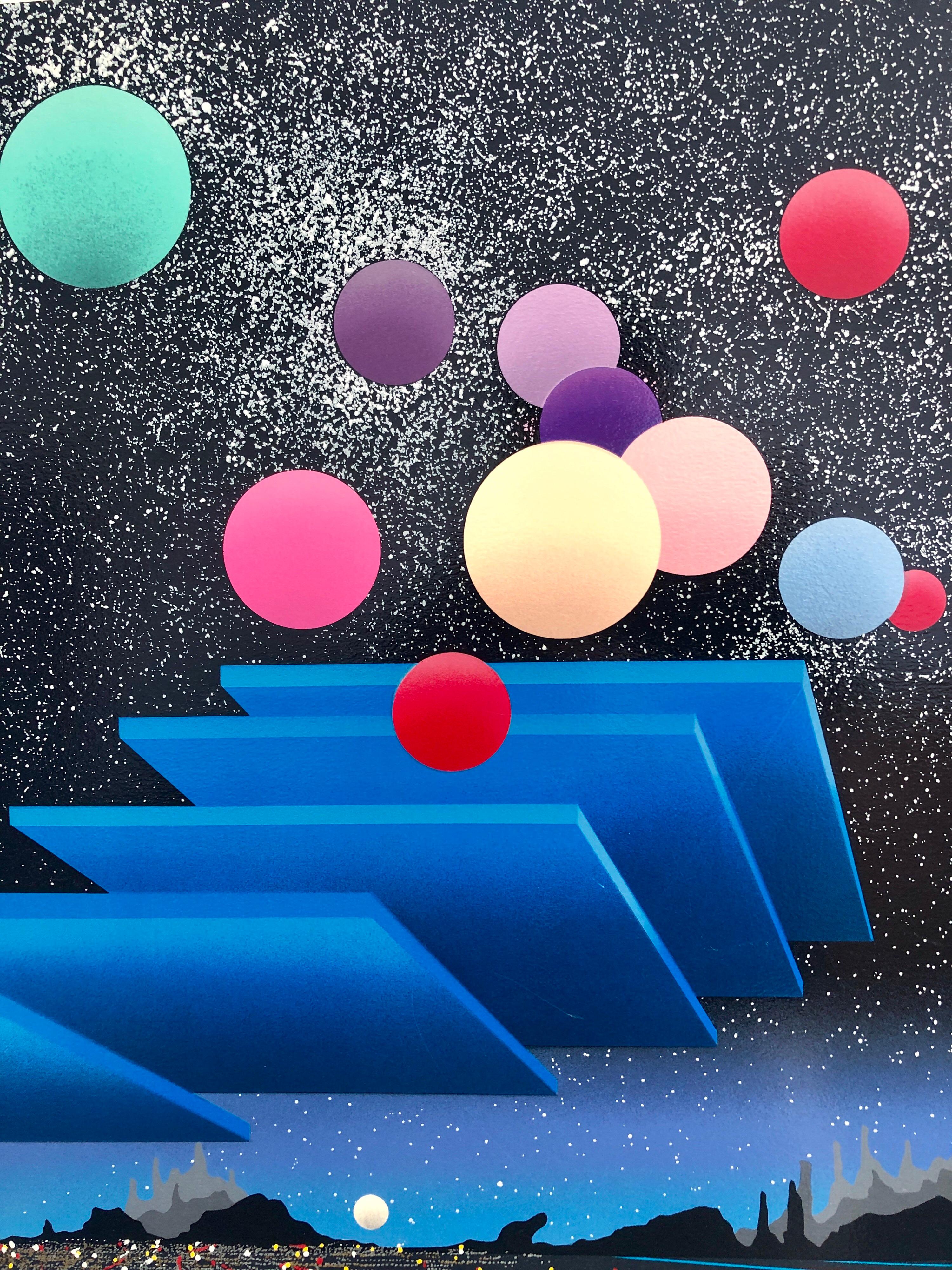 Pop Art Surreal Large Colorful Screenprint with Mod Balls of Color Serigraph - Blue Abstract Print by Stan Solomon
