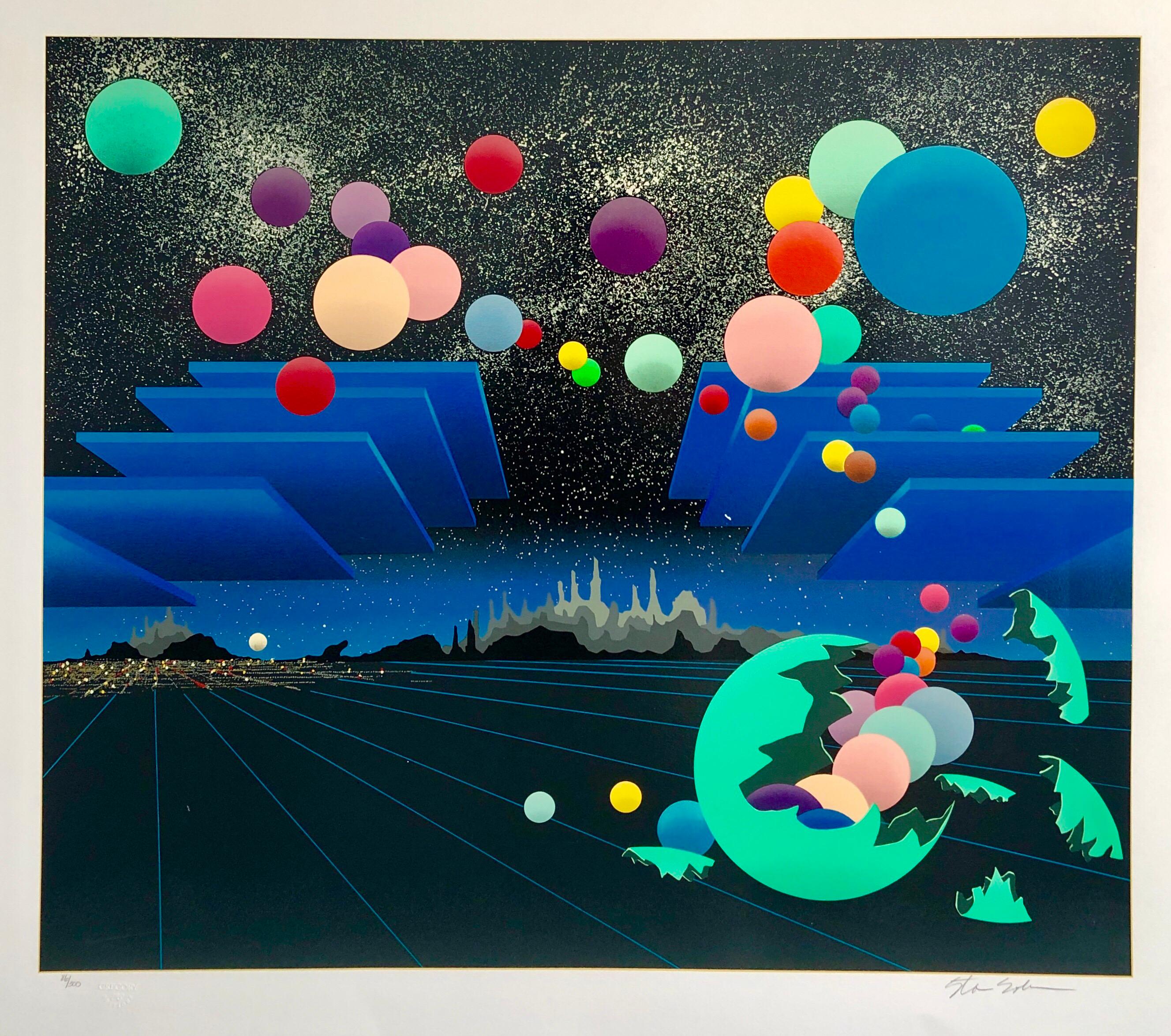 Grande sérigraphie colorée Pop Art surréaliste avec boules de couleur