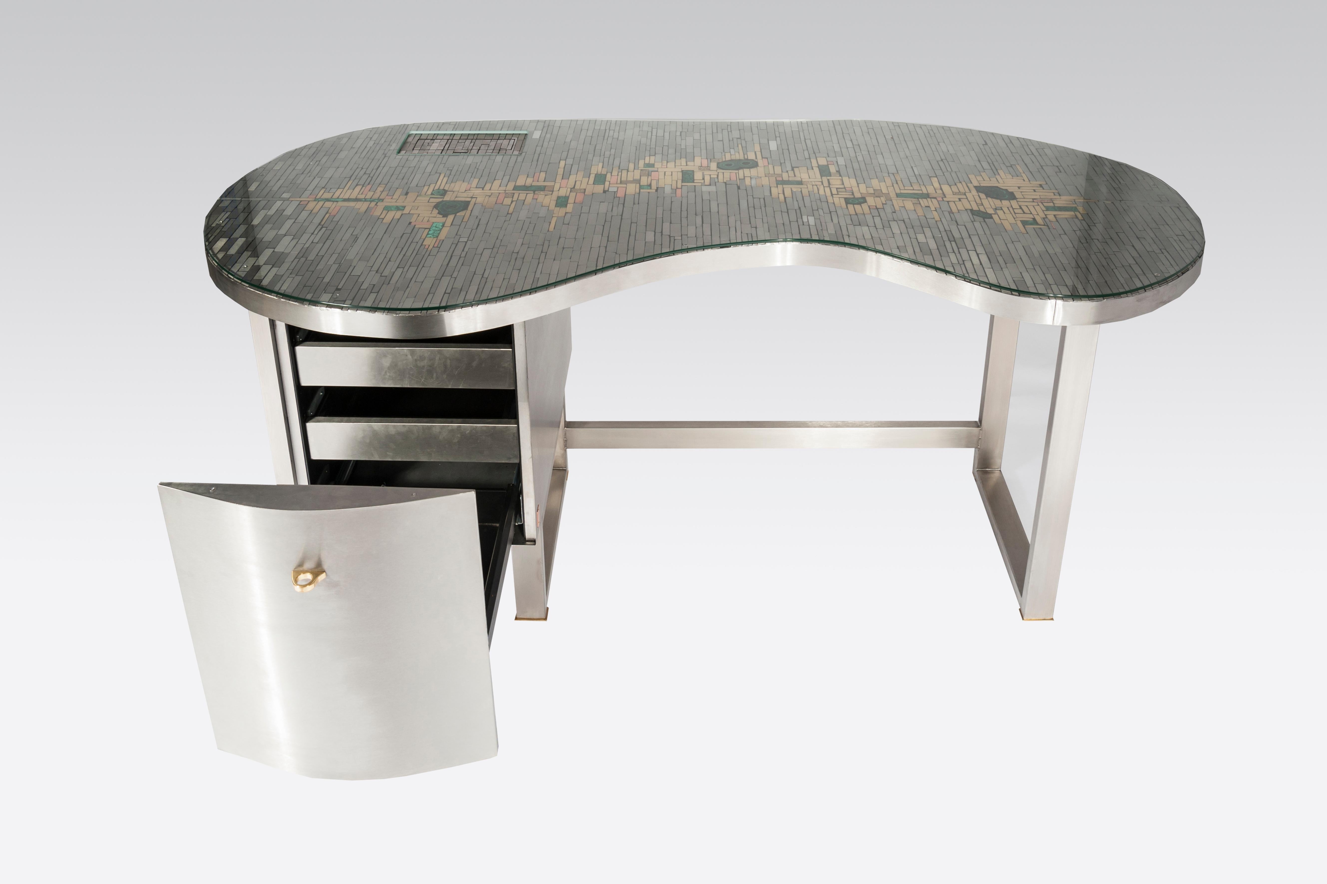 Mid-Century Modern Stan Usel Desk Mosaic Stainless Steel and Malachites For Sale