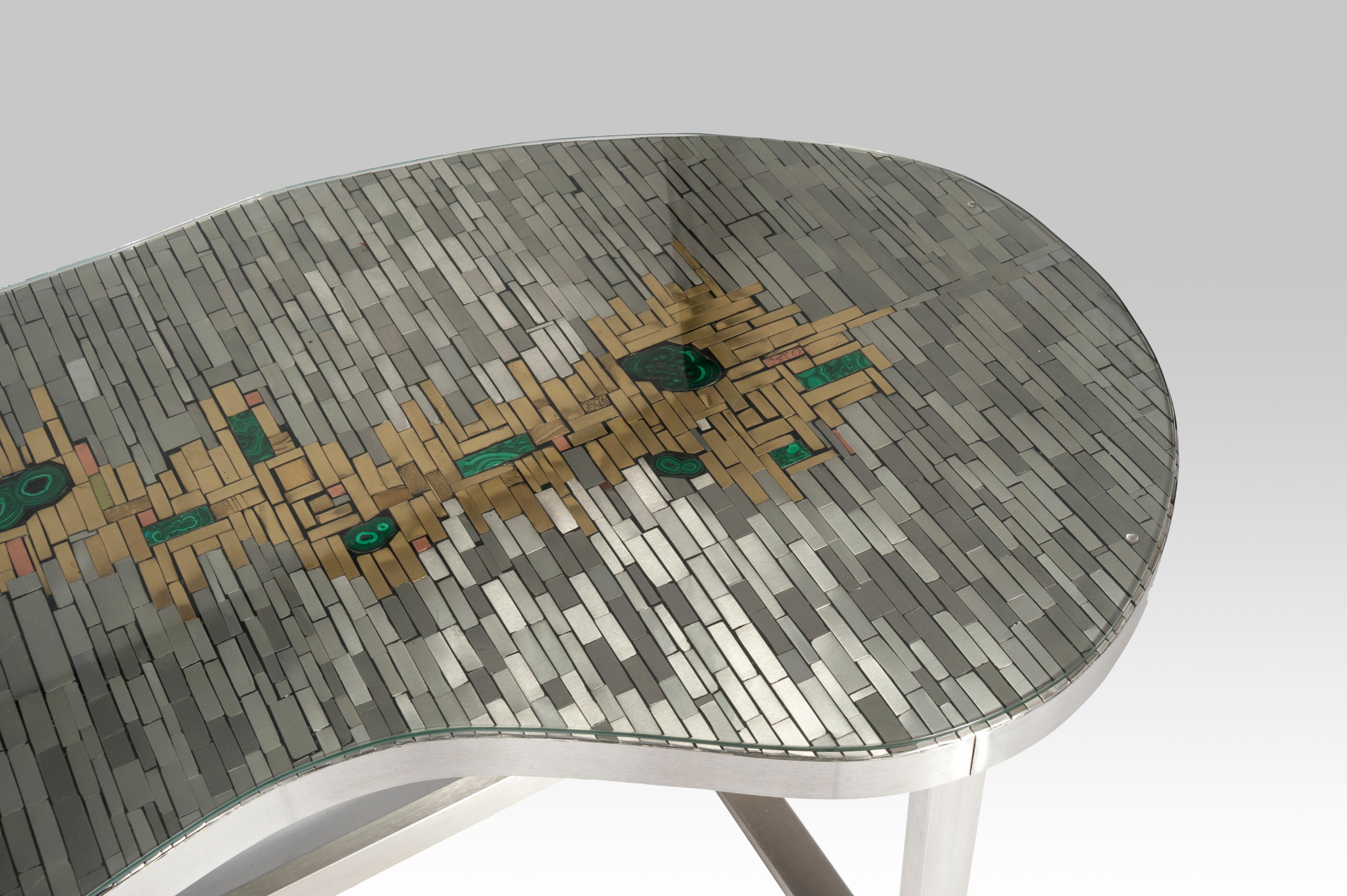 Stan Usel Desk Mosaic Stainless Steel and Malachites In Excellent Condition For Sale In Brussels, BE