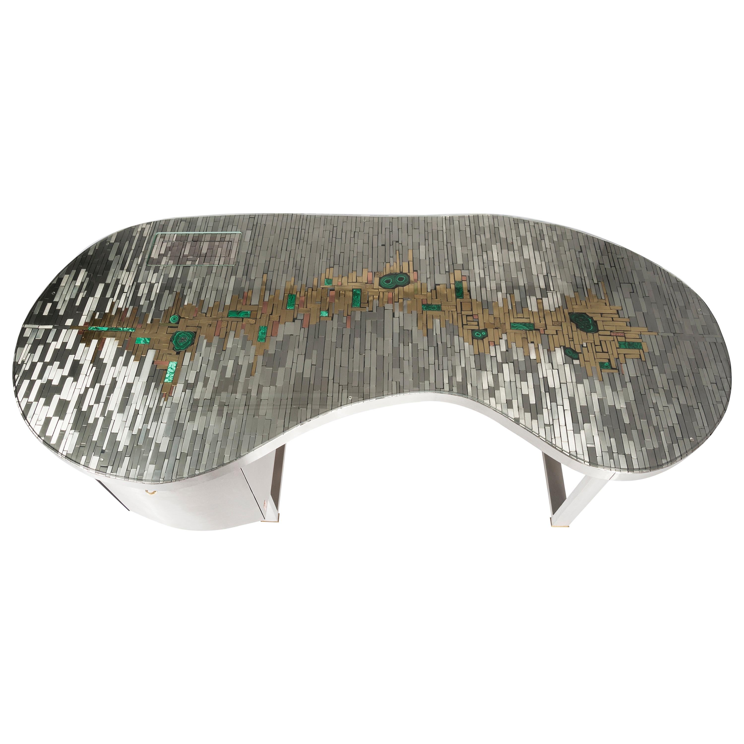 Stan Usel Desk Mosaic Stainless Steel and Malachites