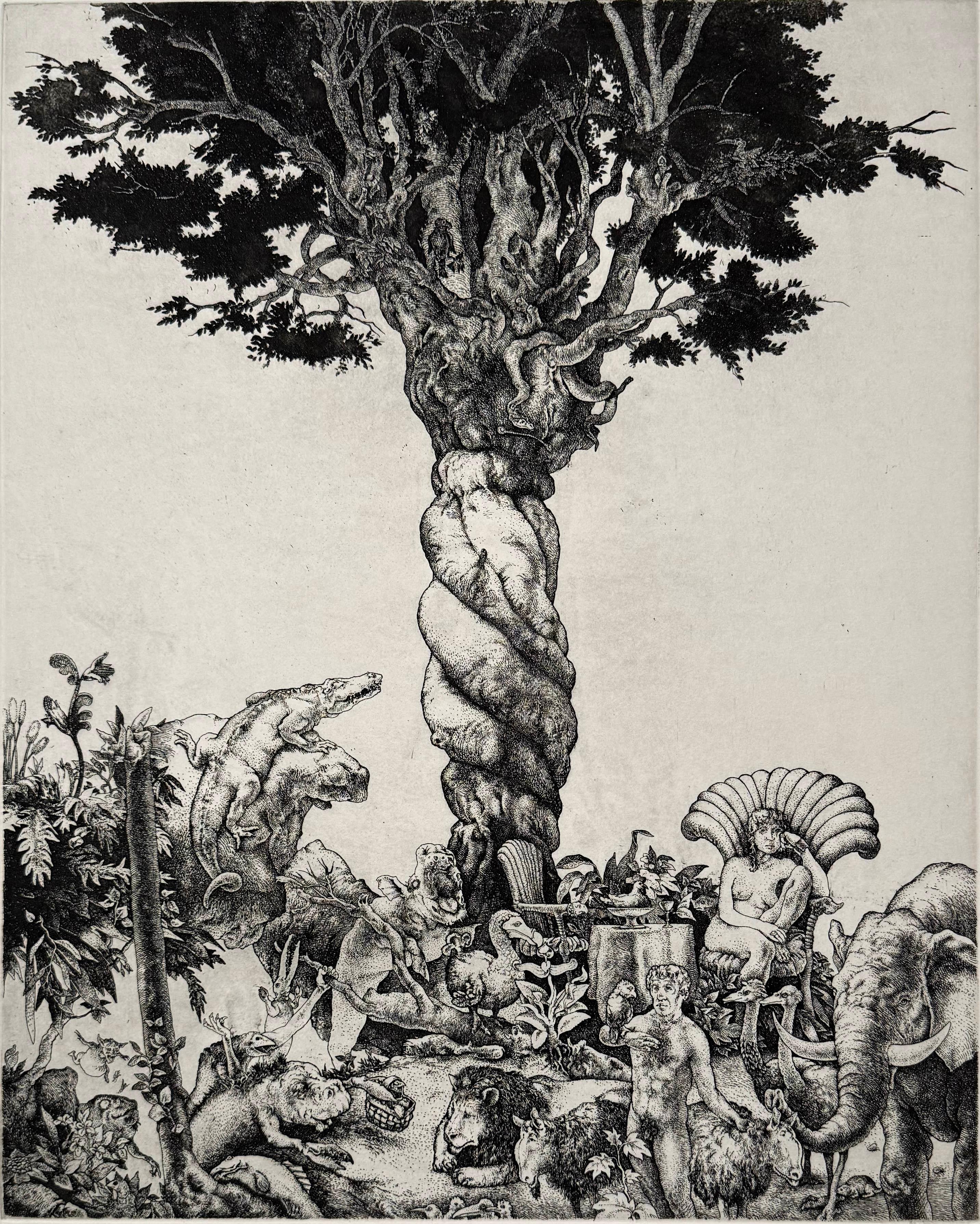 Medio: Aguafuerte
Edición de 90
Año: 1974
ImagenTamaño: 16 x 12,5 pulgadas

Aguafuerte firmado, titulado y numerado de la edición de 90 ejemplares. Una mirada humorística a Adán rodeado de los animales que está nombrando, mientras Eva está sentada