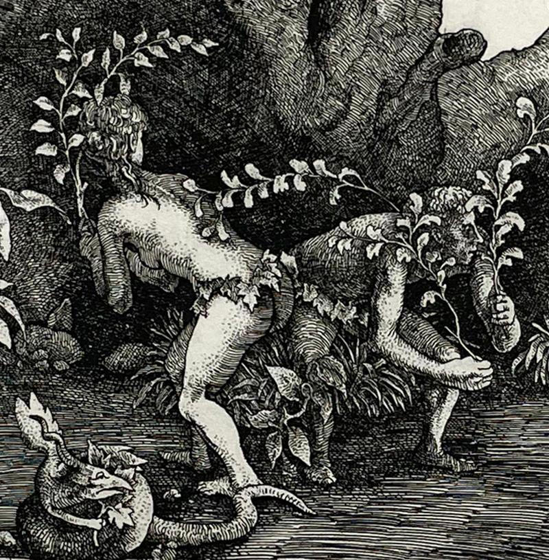 Adán y Eva se esconden del Señor (y ocultan su desnudez con ramas) tras ser tentados con éxito por la serpiente que yace cerca observando la escena.

Aguafuerte firmado, titulado y numerado de la edición de 120. En grabados individuales y en sus