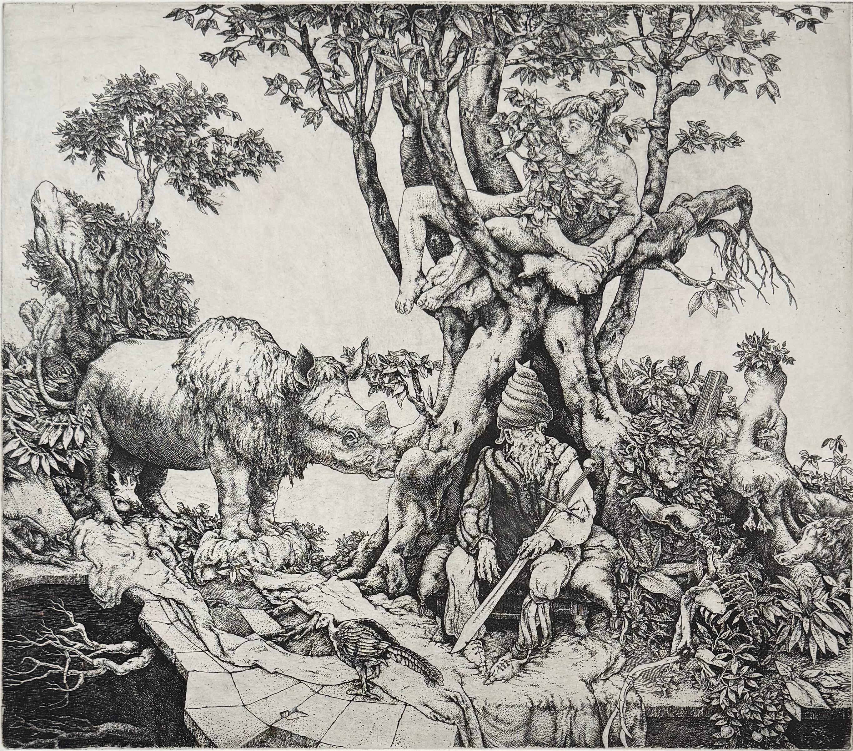 Una veduta di San Giorgio che vive in pace con gli animali che lo circondano. Sebbene le tecniche di Stan Washburn siano paragonabili a quelle degli antichi maestri, le stampe di Stan Washburn sono caratterizzate da un senso moderno di arguzia e