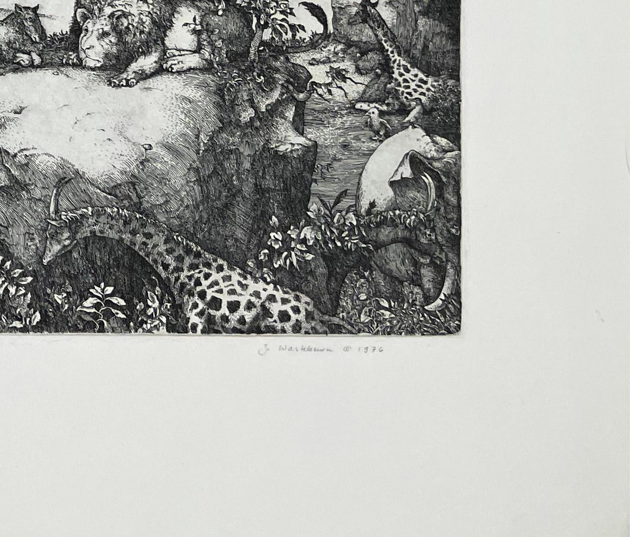 Signed, titled and numbered etching from the edition of 120. In individual prints, and his illustrated books, Washburn cleverly skewers human frailties with Renaissance-style engravings and tongue-in-cheek wit. This is one of Washburn's largest
