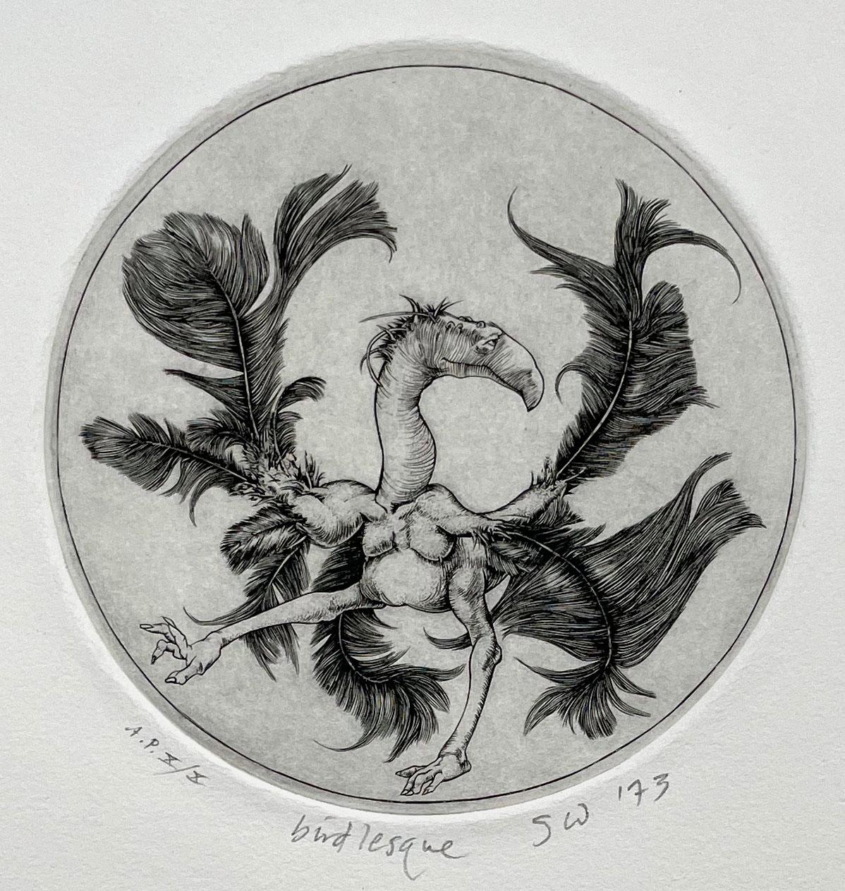 Medio: Aguafuerte
Edición de 90
Año: 1973
ImagenTamaño: 4,25 x 4,25 pulgadas

Aguafuerte firmado, titulado y numerado de la edición de 90 ejemplares. Retrato humorístico de un pájaro casi desnudo haciendo un strip-tease con sus propias plumas. En