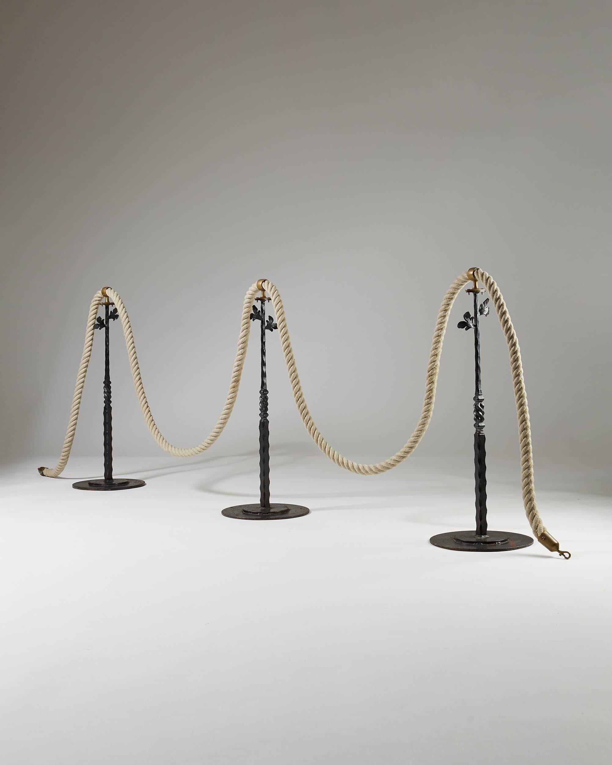Scandinavian Modern Stanchions with Rope, Anonymous, Sweden, 1900s, Brass, Gate, Room Seperator For Sale