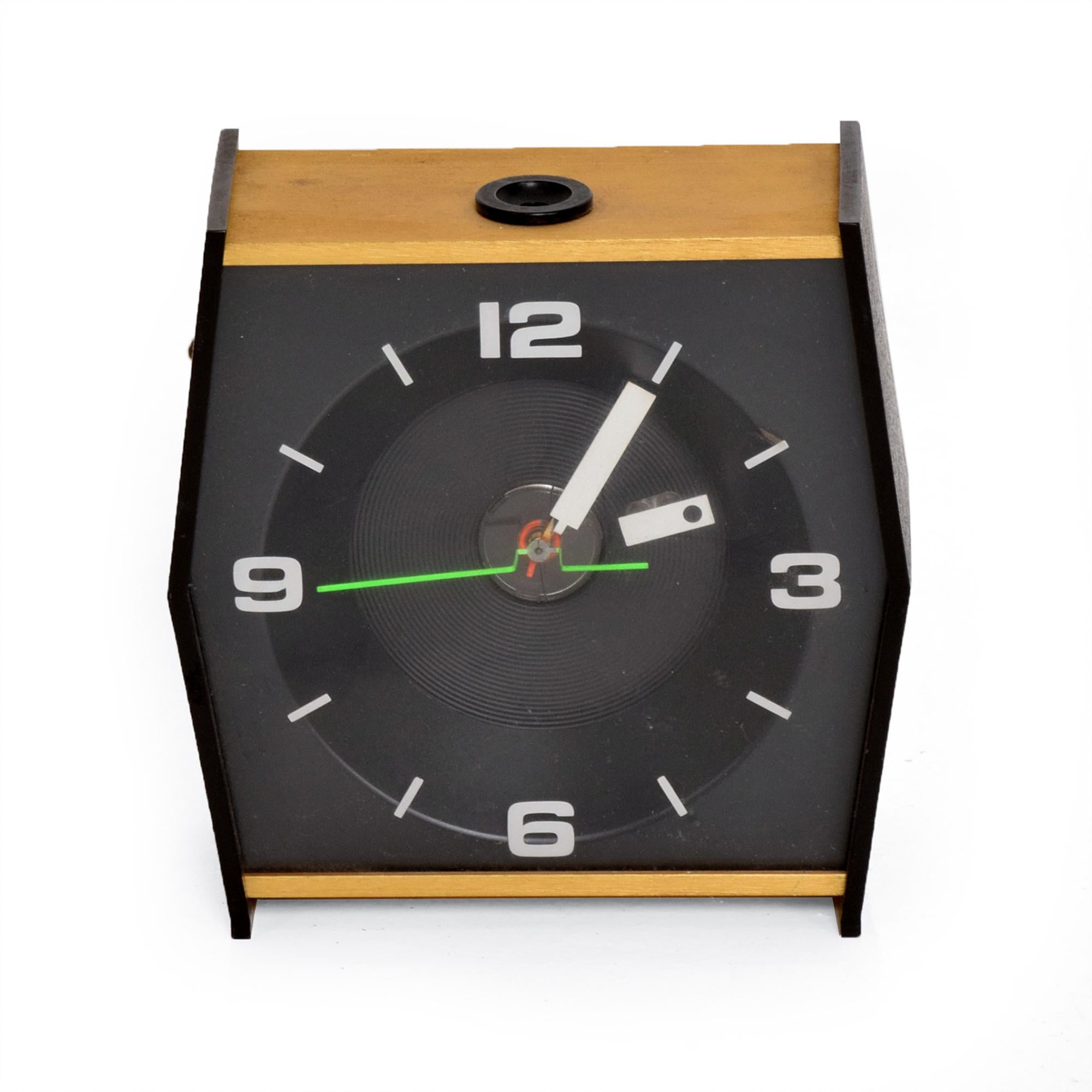 Midcentury vintage high time alarm ceiling clock by Stancraft St Paul MN
Designed with Top feature of projected light to Ceiling Wall via internal bulb-untested function capability.
 6 W x 6 H x 3 D
Metal and plastic design.
Selling as is vintage