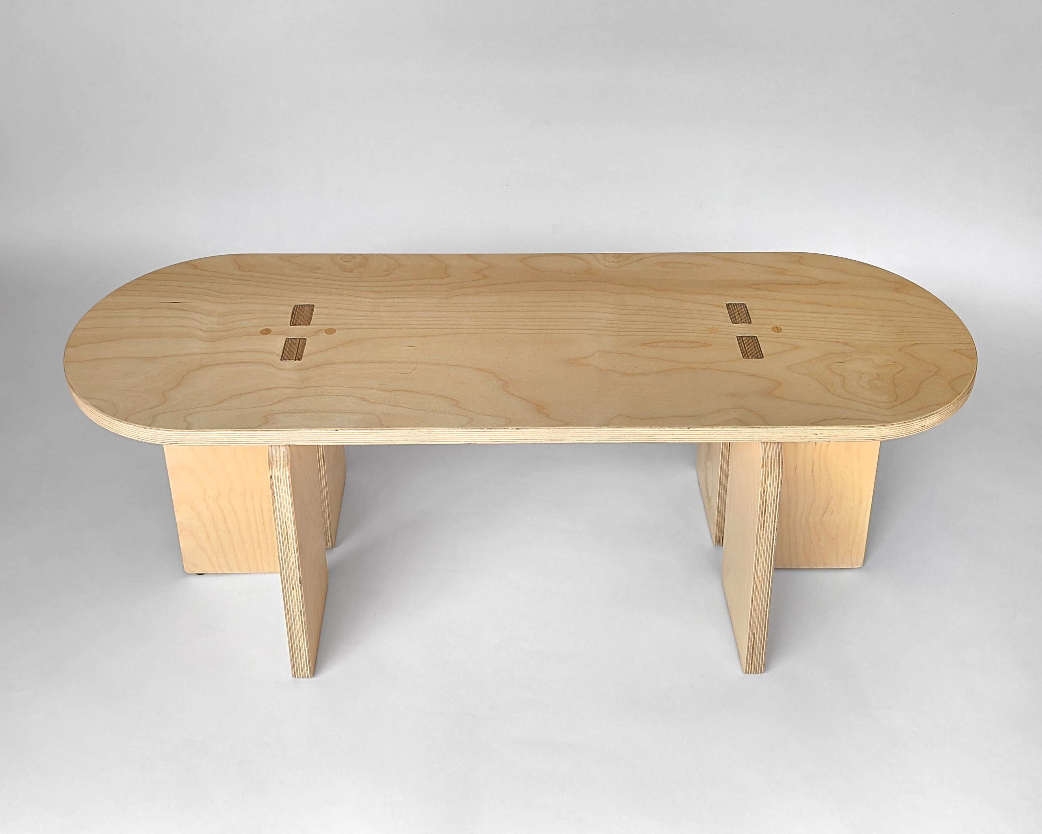 The Standard bench is made from high quality Baltic birch plywood. It has a slightly warm, clear satin finish on the light natural wood that ages beautifully with time. The Standard Bench has a rounded top, curved legs, with eased edges all around