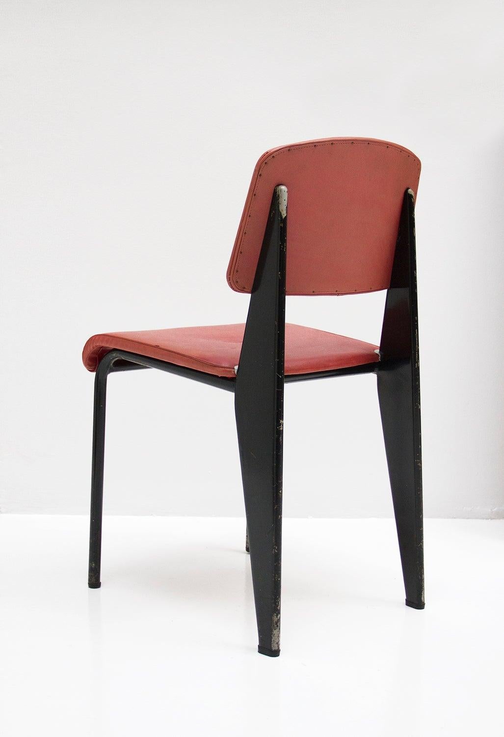 Mid-Century Modern Standard Chair Designed by Jean Prouve, circa 1950, France, Red, Original For Sale
