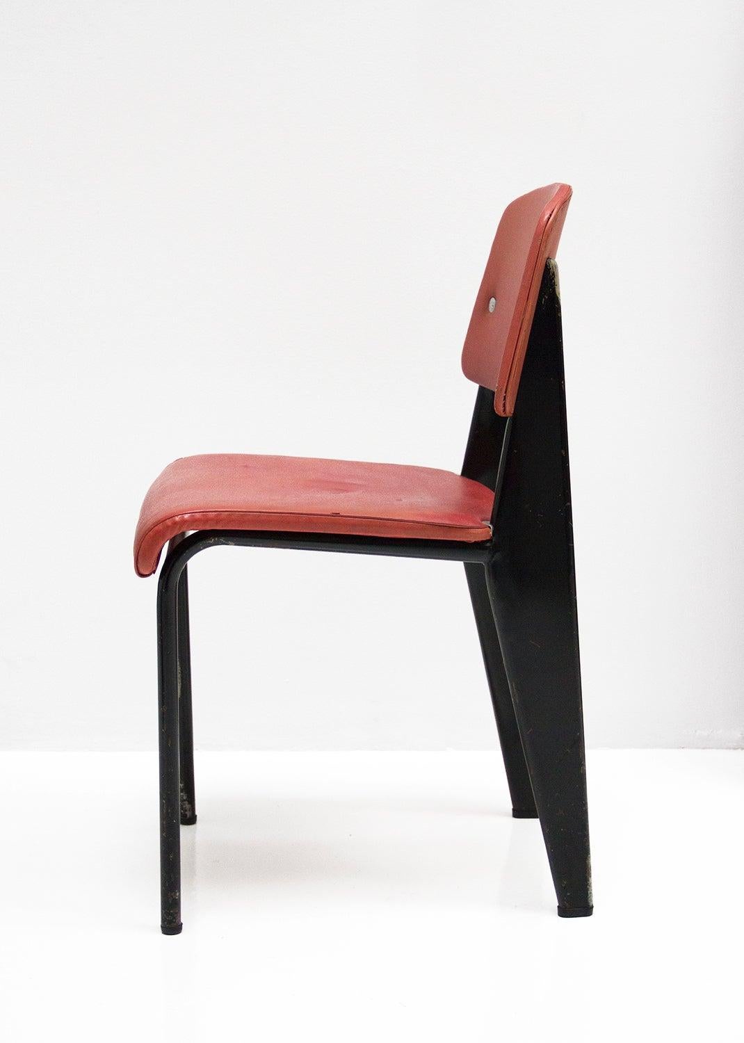 French Standard Chair Designed by Jean Prouve, circa 1950, France, Red, Original For Sale