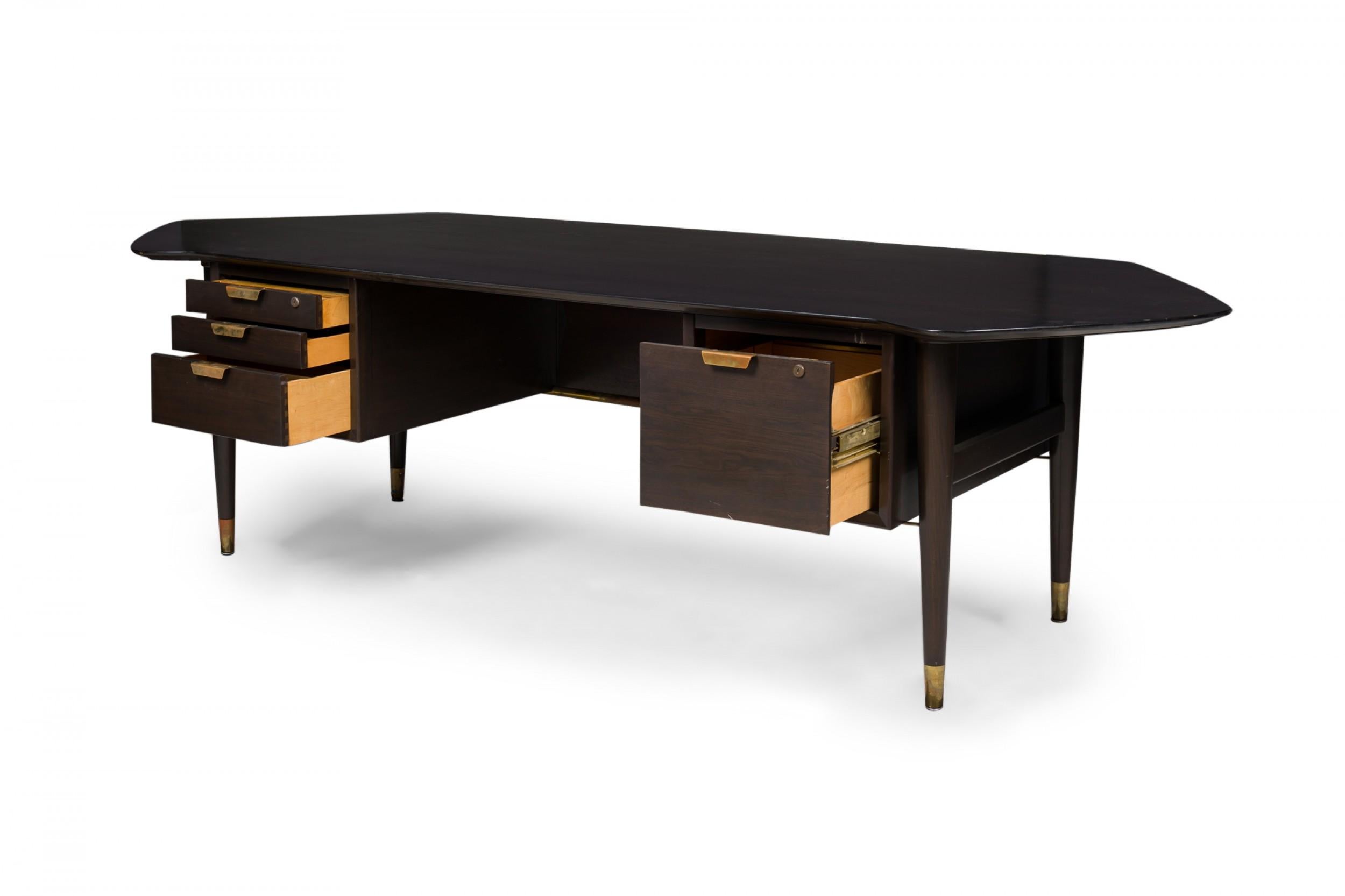 Mid-Century Modern Standard Furniture Co. American Dark Wood Veneer & Brass Executive Desk For Sale