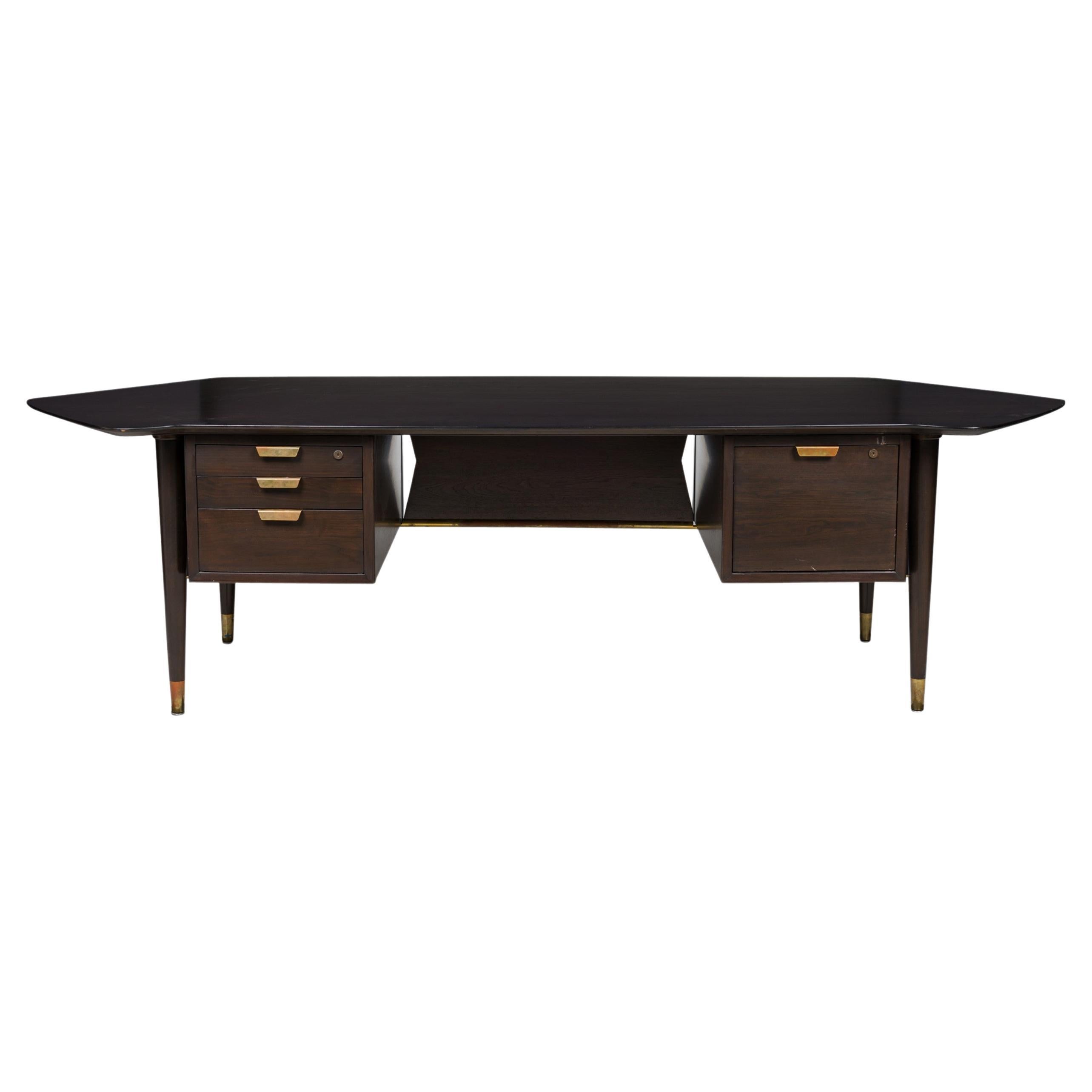 Standard Furniture Co. American Dark Wood Veneer & Brass Executive Desk