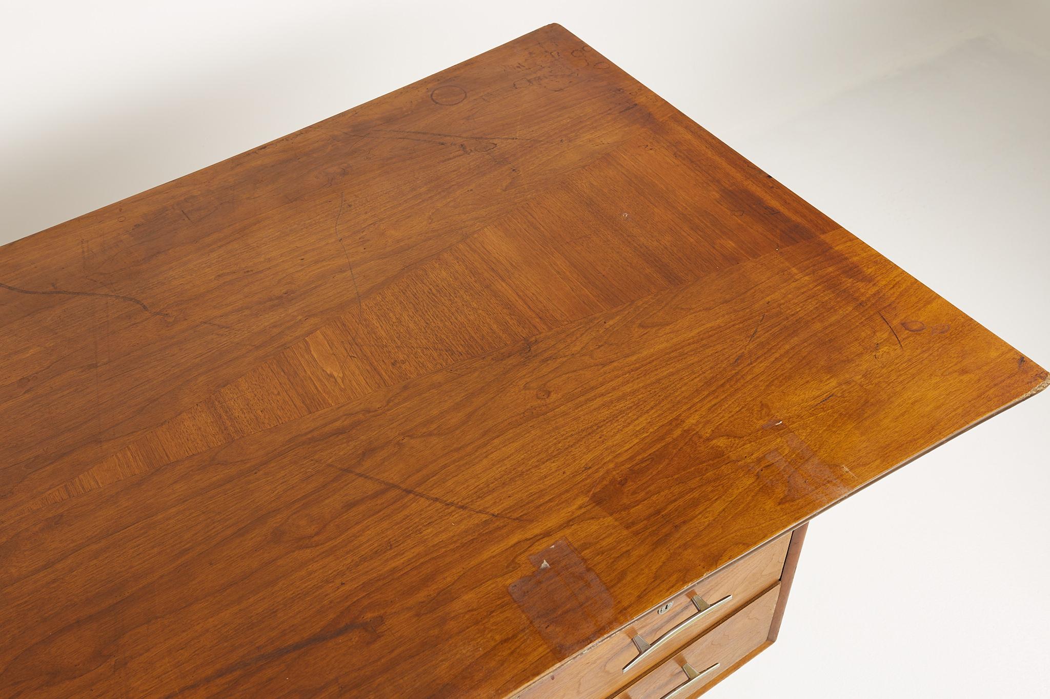 Standard Furniture Company Mid Century Walnut Brass and Cane Bowtie Desk 1