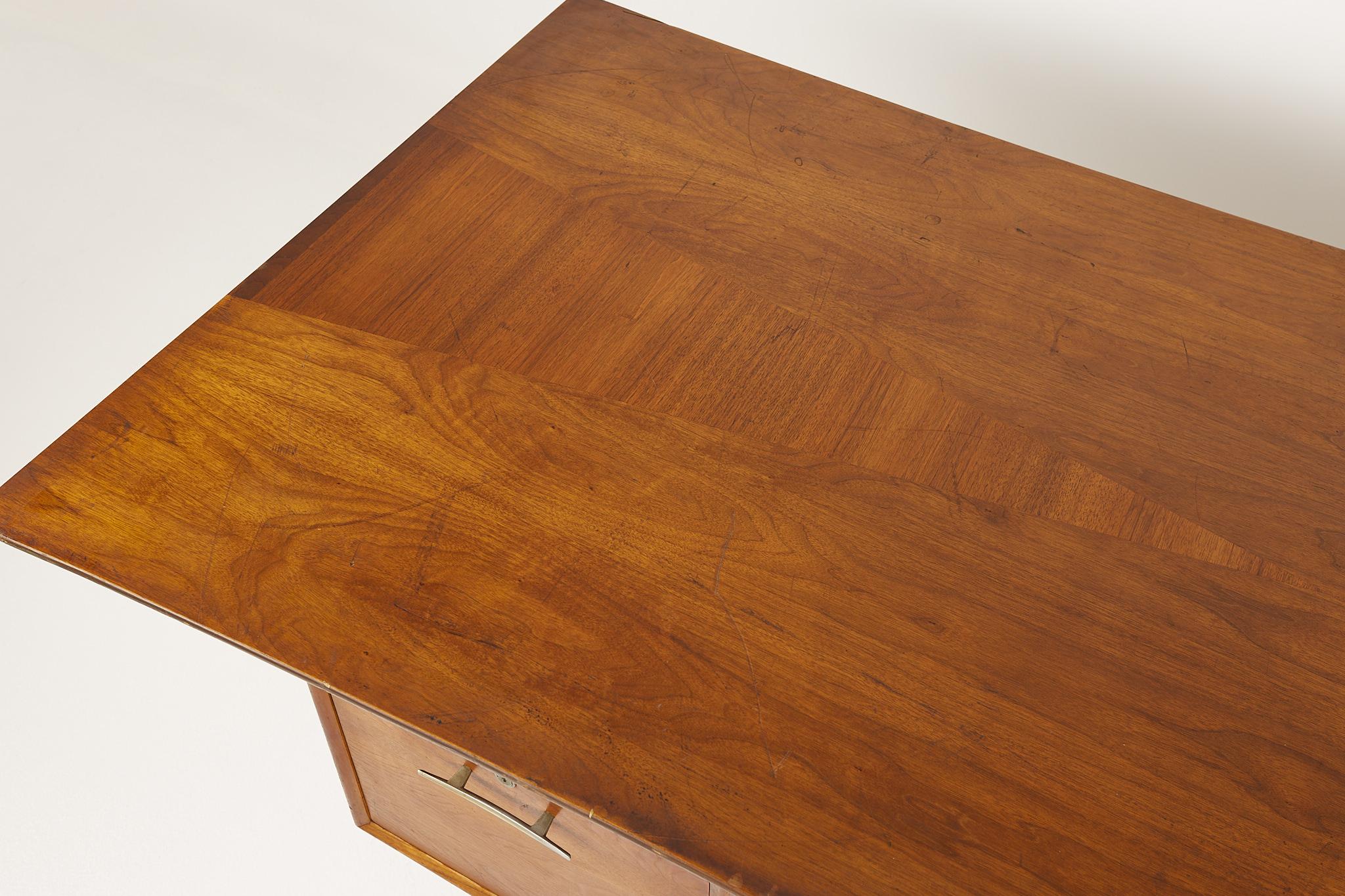 Standard Furniture Company Mid Century Walnut Brass and Cane Bowtie Desk 3