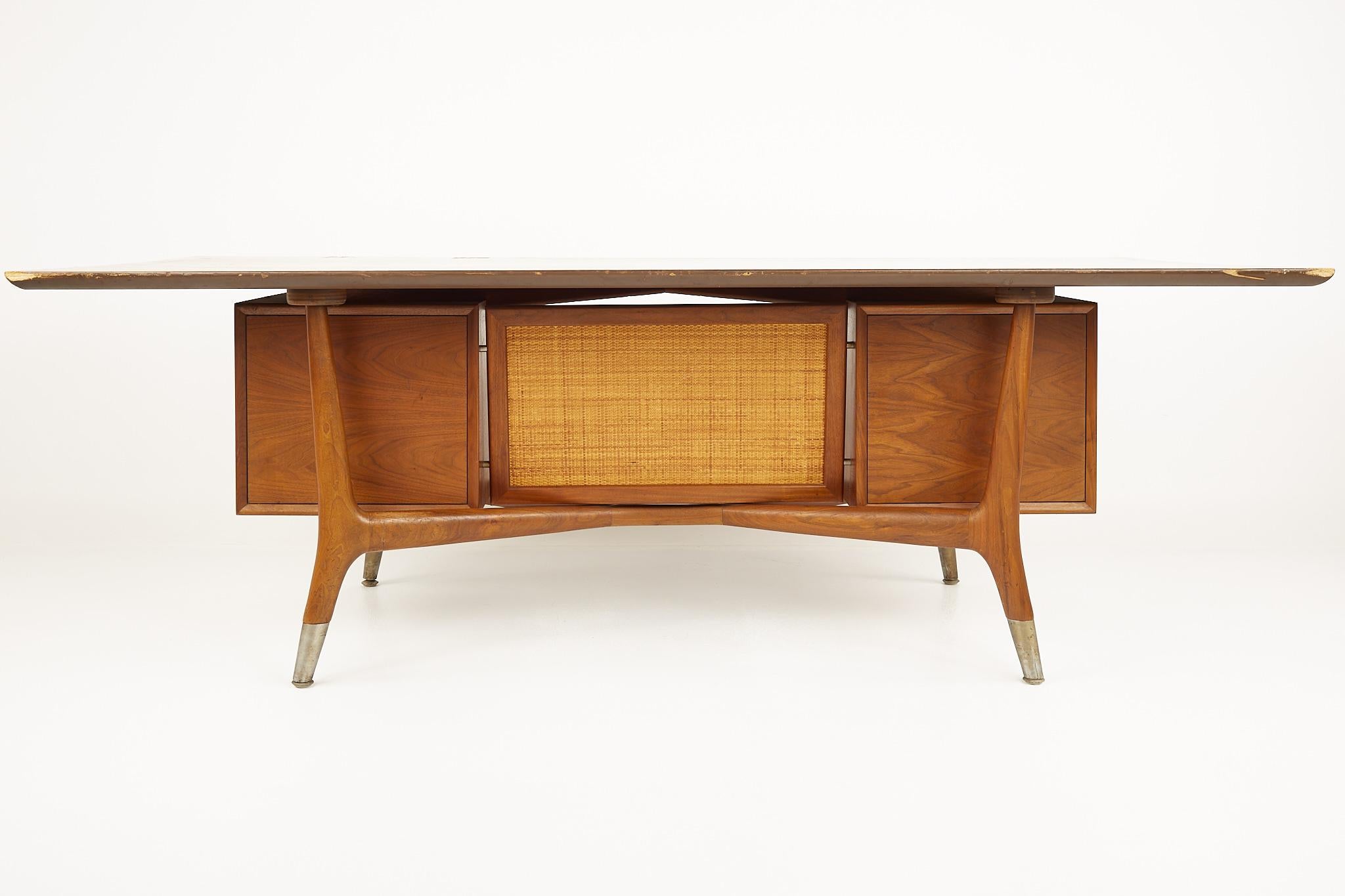 Standard Furniture Company Mid Century Walnut Brass and Cane Bowtie Desk 4