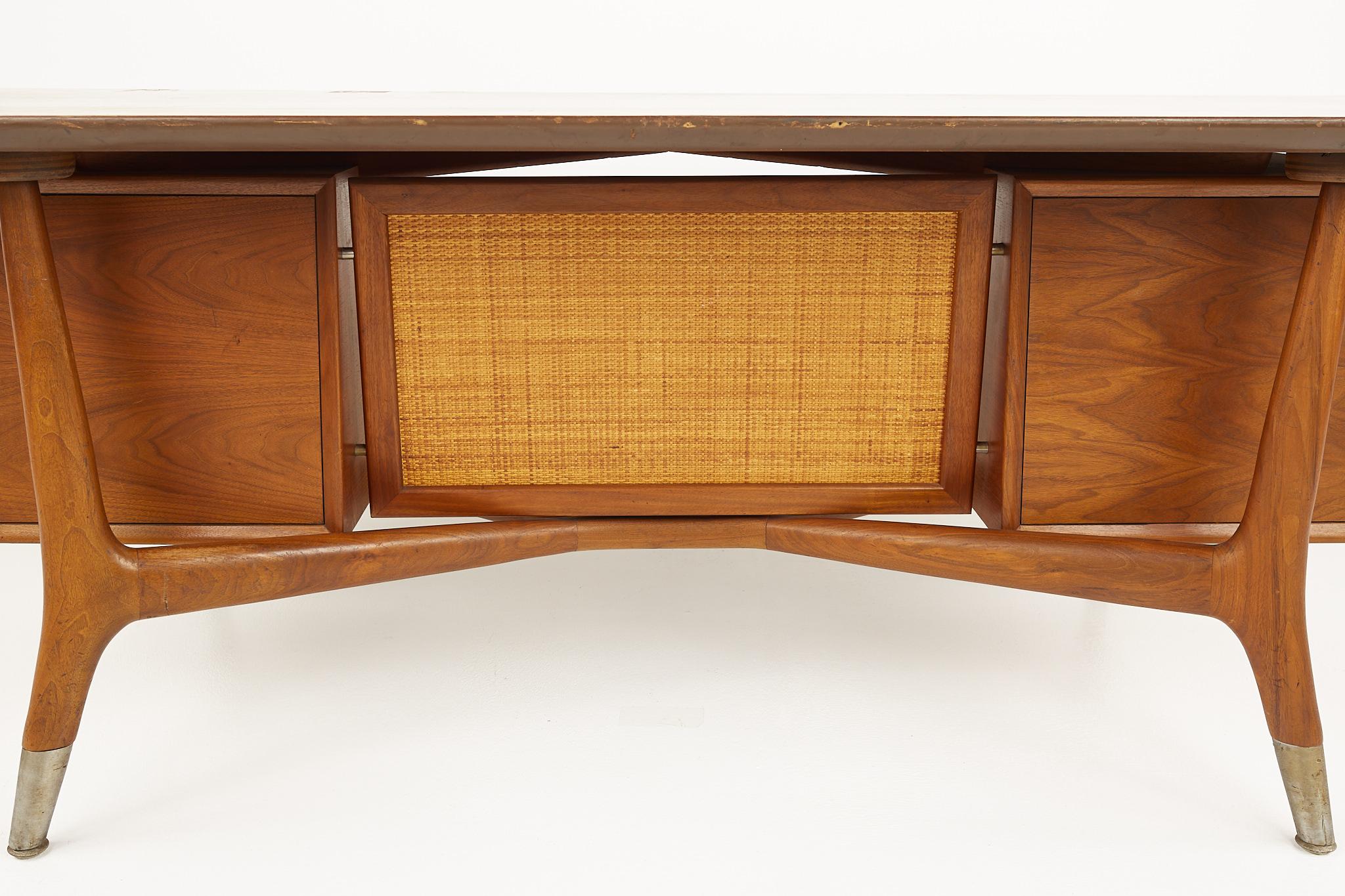 Standard Furniture Company Mid Century Walnut Brass and Cane Bowtie Desk 5