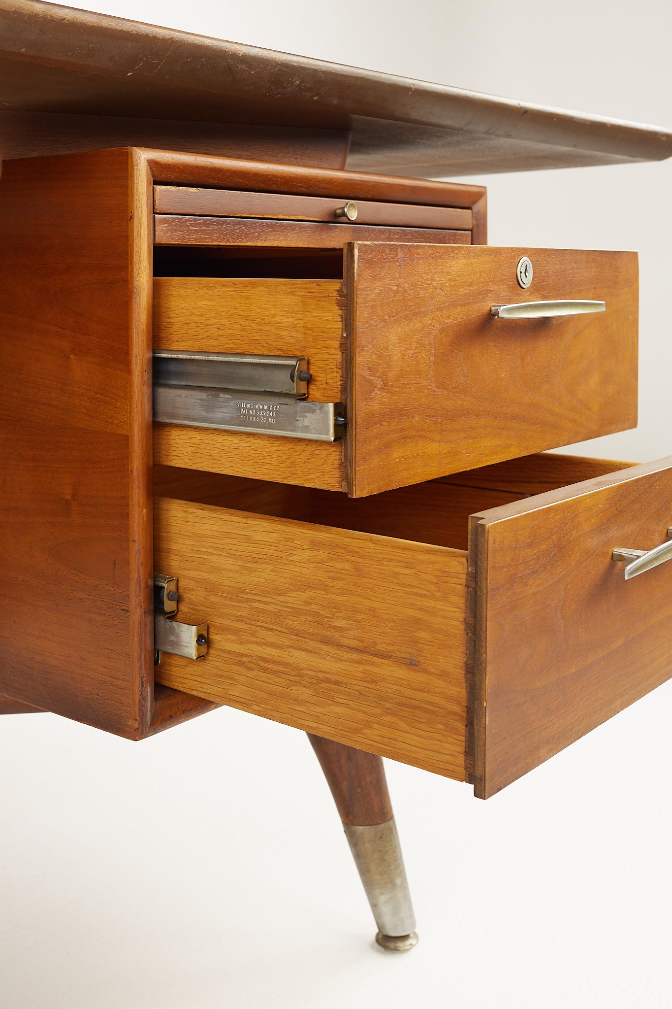 Standard Furniture Company Mid Century Walnut Brass and Cane Bowtie Desk 6