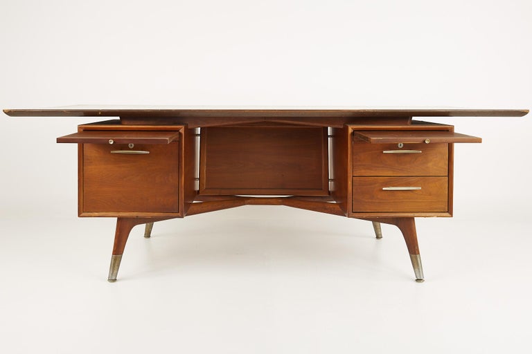 Standard Furniture Company Mid Century Walnut Brass and Cane Bowtie